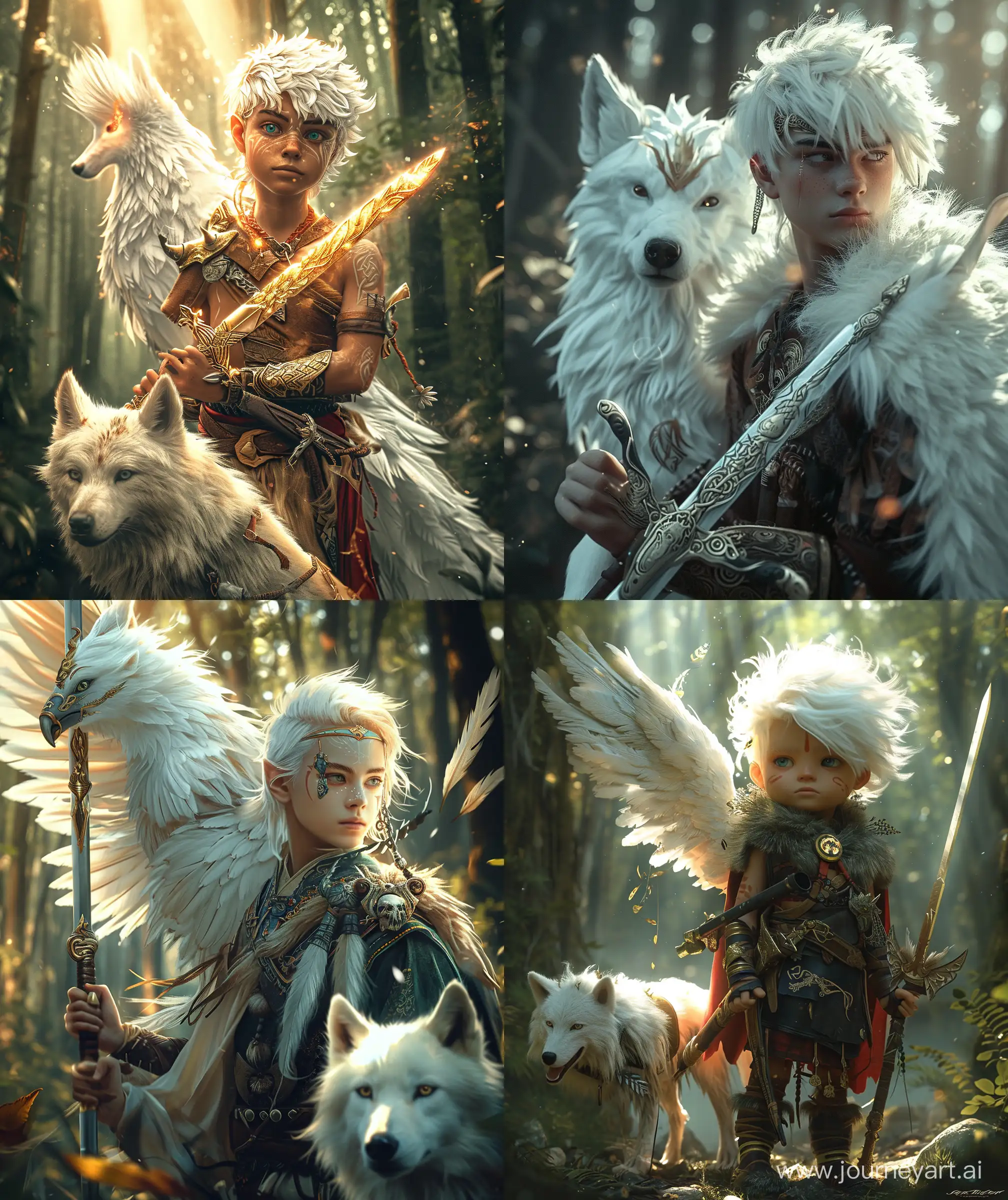 A handsome Viking boy, vibrant White phoenix bird, majestic look, Viking boy holding a royal beautiful sword, a white wolf companion, forest, doll face, white hair, barbarian attire, laminating light, forest ambient, surrealism, ultra hd, --ar 27:32 --v 6.0