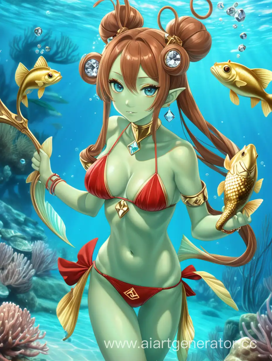 anime girl-amphibian with light green skin, underwater, in red and golden bikini, with fish shaped ears, light blue eyes, brown double bun hair, holding a diamond trident