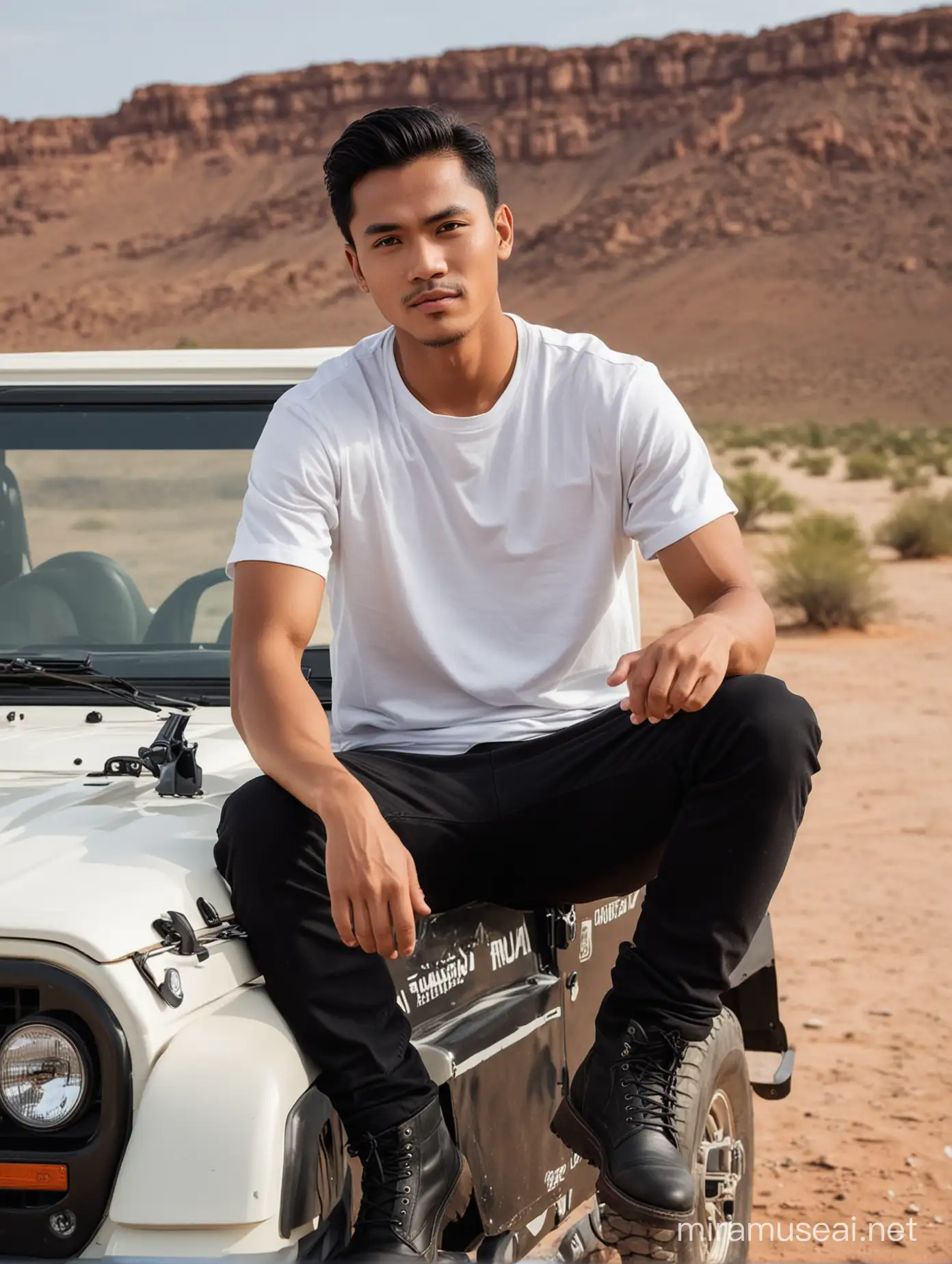 Handsome man from Indonesia, short hair parted neatly to the side, round face, full body, wearing a white t-shirt, black jacket, black boots, sitting on the hood of a jeep, with a desert background