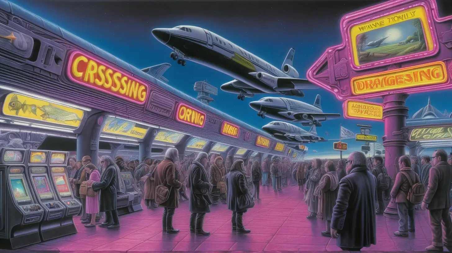 art by wayne barlowe,  plasma, by H.R. Giger, Animal Crossing Characters, dramatic color, by john Constable, canvas, city, neon, by John Kenn mortense, tonal colors, busy, airport