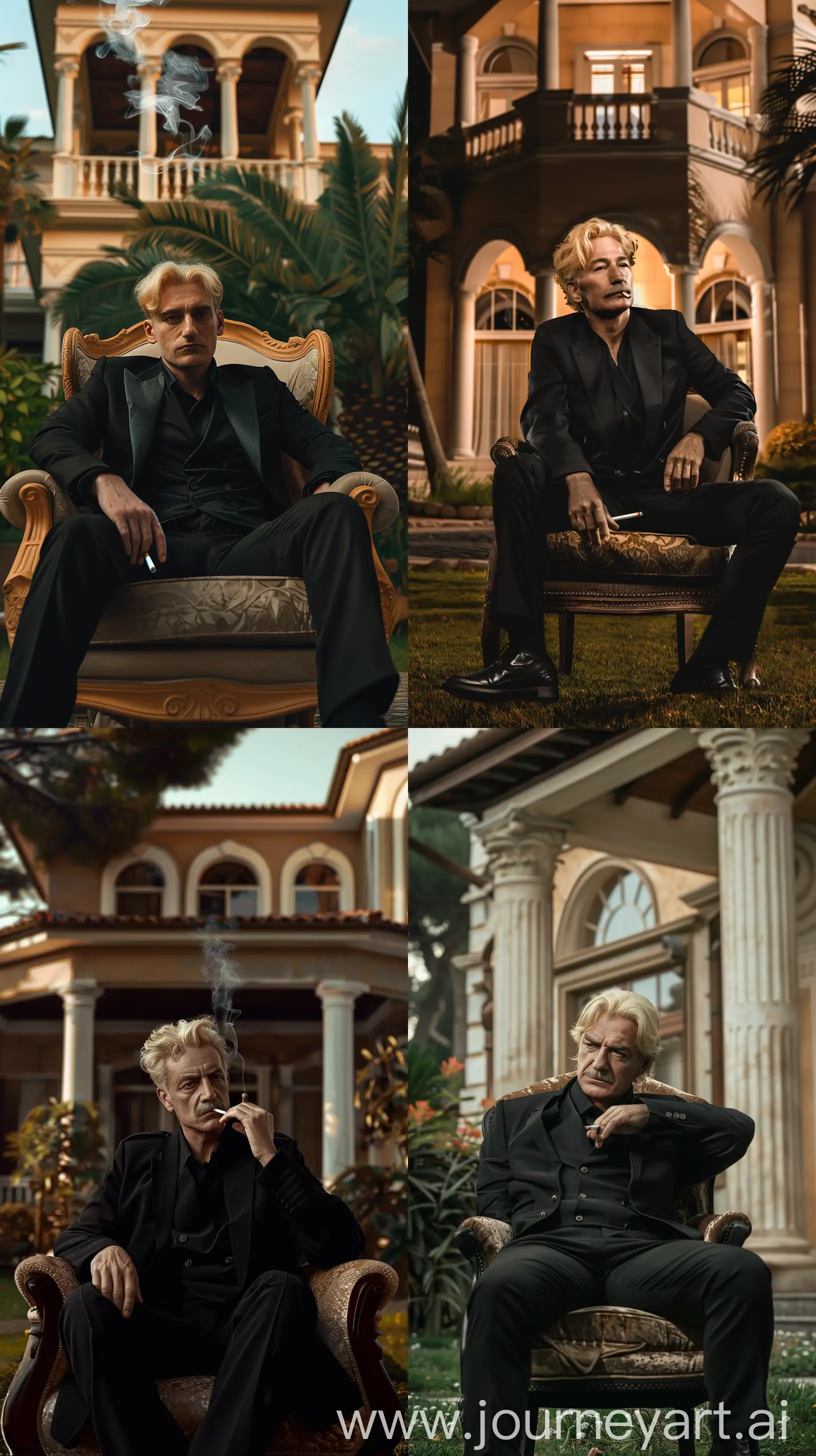 Blonde hair Mustafa Kemal Atatürk wearing black suit, sitting on luxury chair comfortable in front of a villa, he has a cigarette in his hand, cinematic lighting, realistic image --ar 9:16