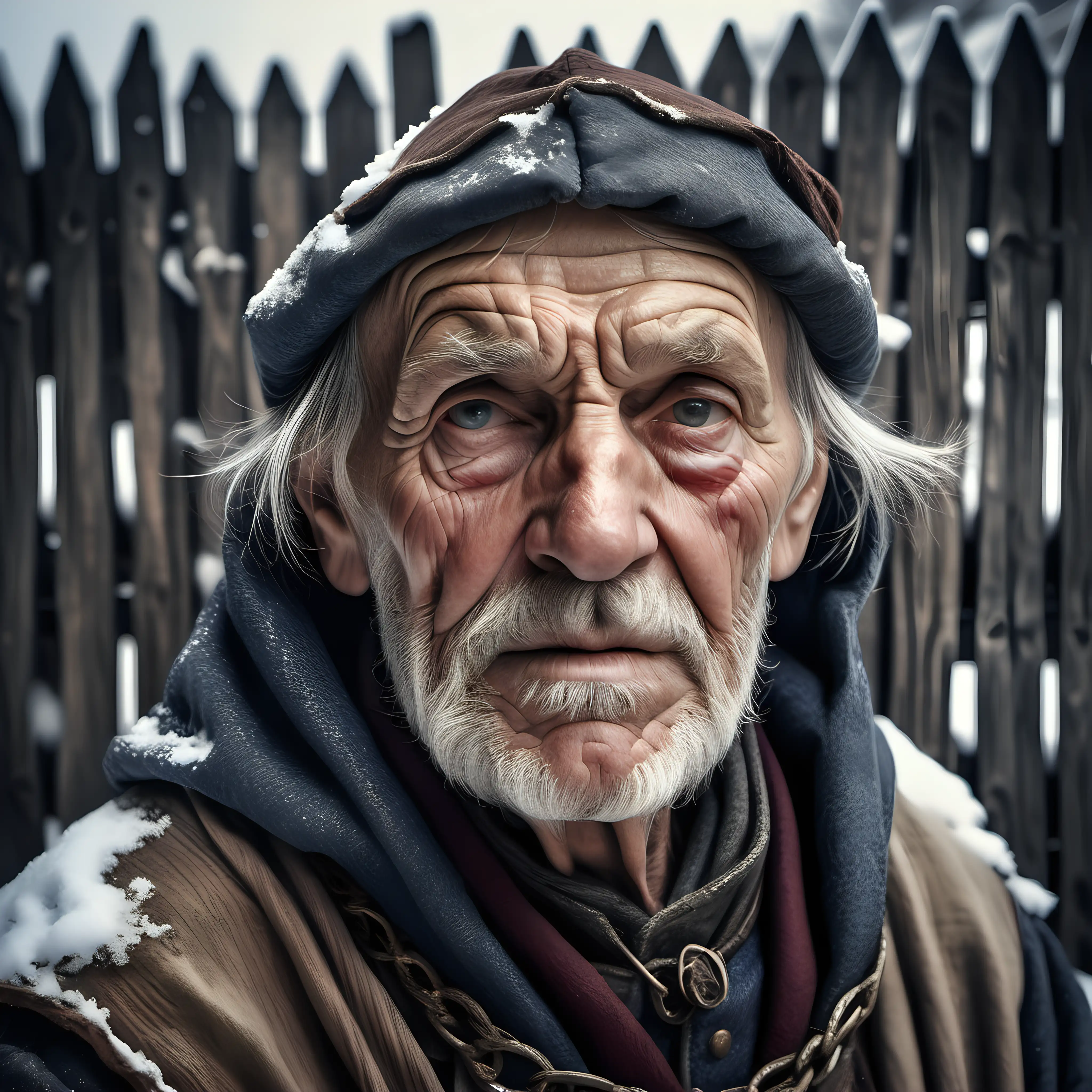 Weathered Medieval Merchant Portrait in Snowy Setting