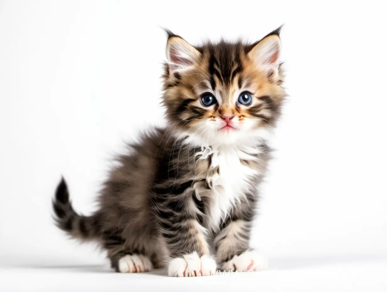 A cute fluffy kitten. In full growth. White background