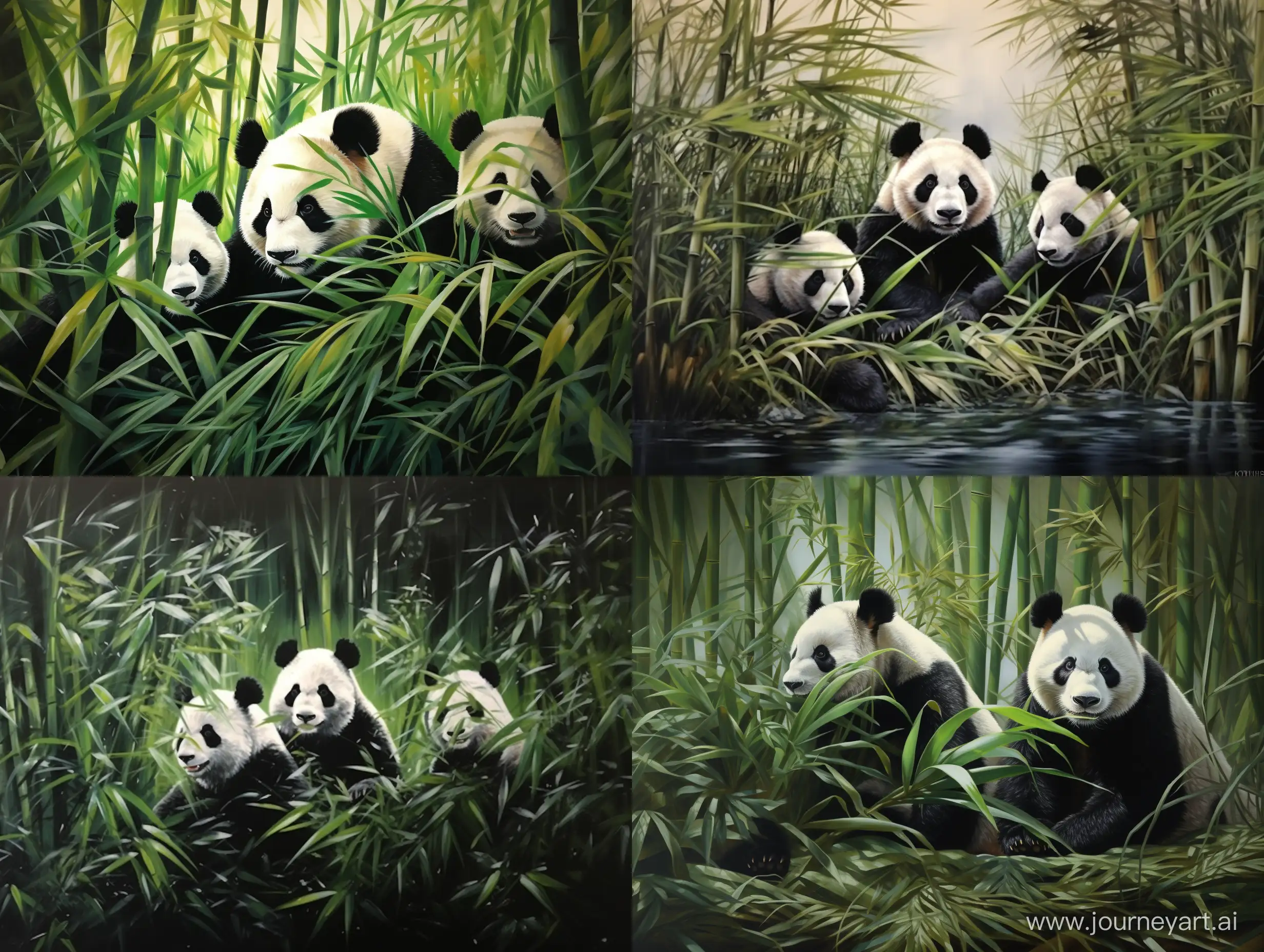 Four-Pandas-Enjoying-Bamboo-in-a-Natural-Setting