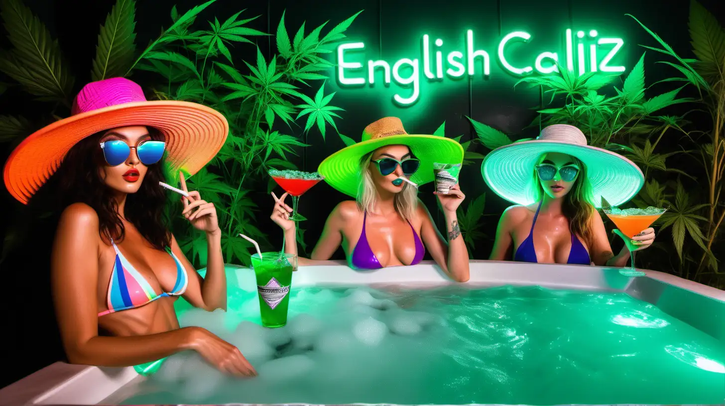 Female Super Models inside hot steamy bubbling jacuzzi, wearing neon mixed colour big beach female round hats, shatter Leon light glasses and neon mixed
bikini swim wear drinking cocktails smoking cannabis blunt wraps whilst a big neon glowing sign in the background saying 
"ENGLISHCALIGENETICS" 
and super thick dense crystally cali budded cannabis plants around the sign 