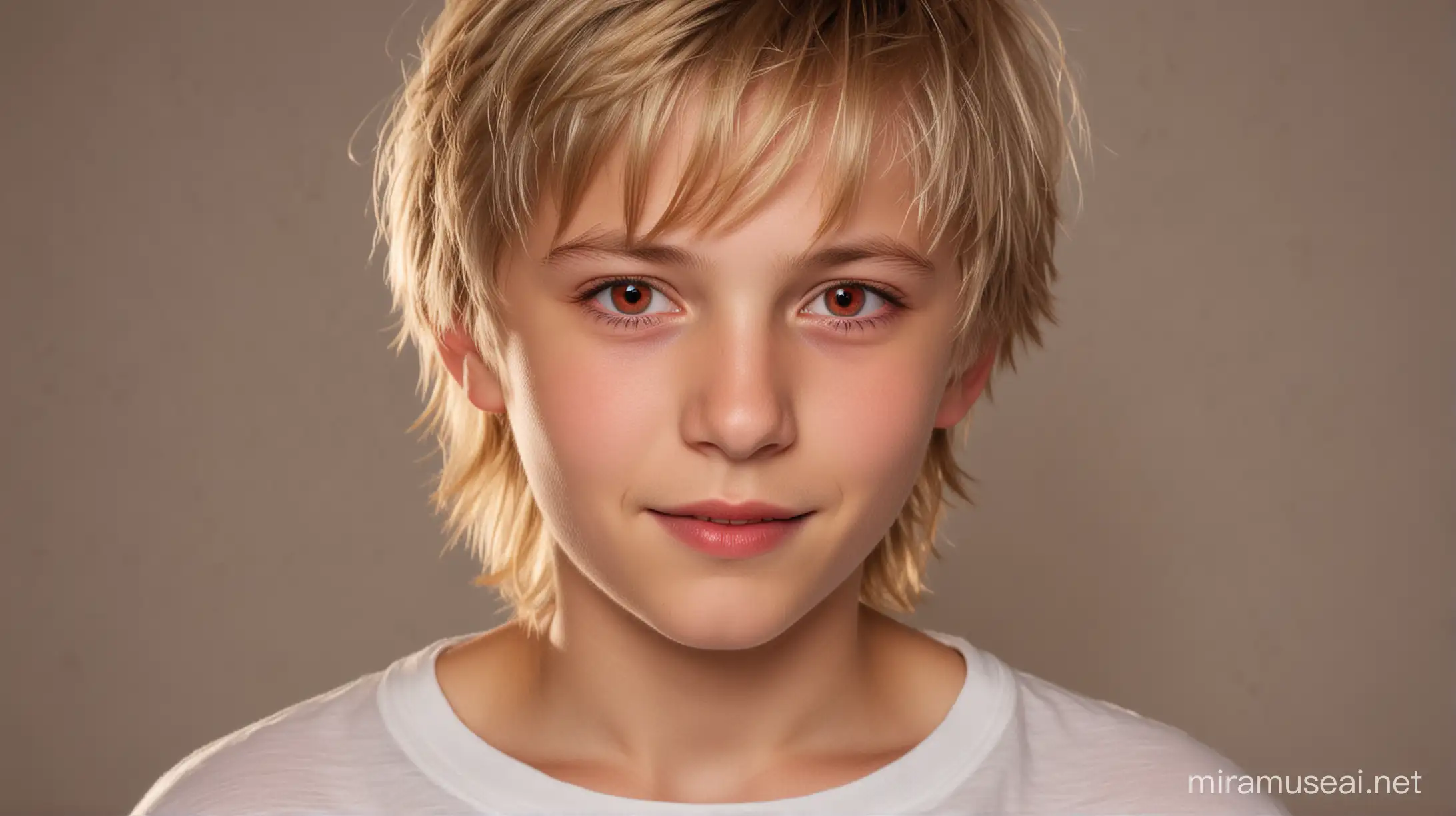 cute 13 years old blond boy shortless with red glowing eyes