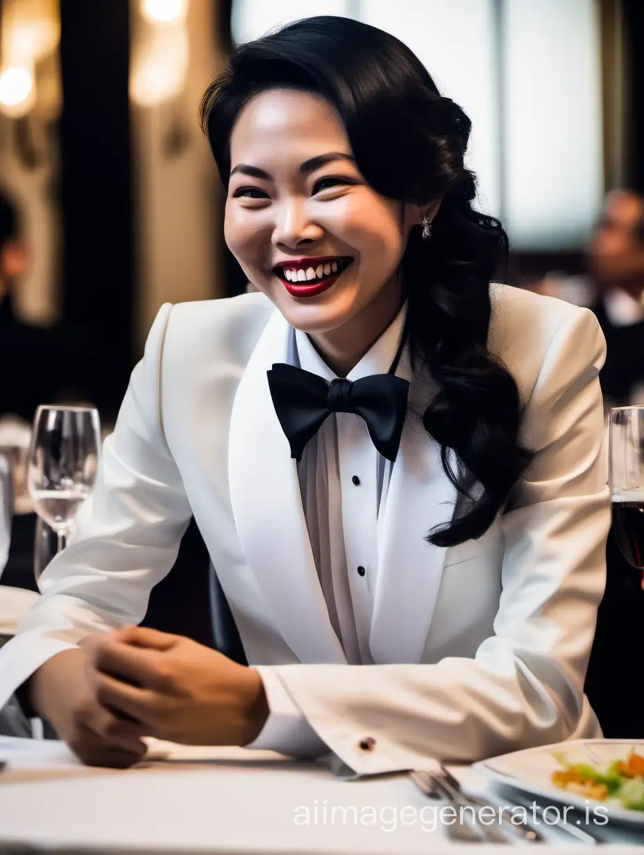 A smiling and laughing Vietnamese lady with shoulder length hair is wearing a tuxedo.  Her shirt is white with a wing collar and French cuffs.  Her bow tie is black.  She is sitting at a dinner table.  She is wearing lipstick.