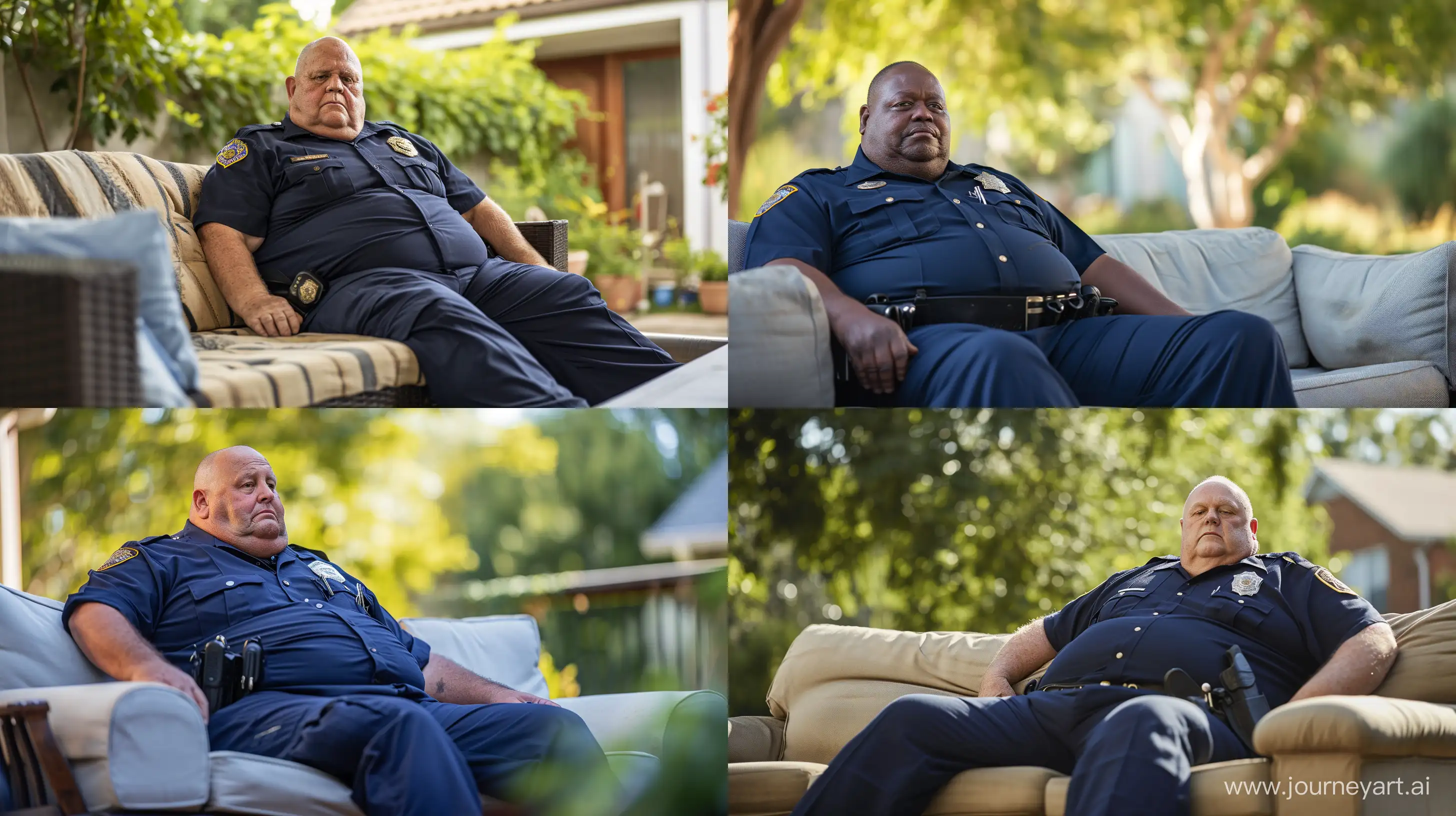 Photo of an obese man aged 70. Wearing a navy blue police office uniform, pants and shirt. Sitting on a couch. Outside. --style raw --ar 16:9 --v 6