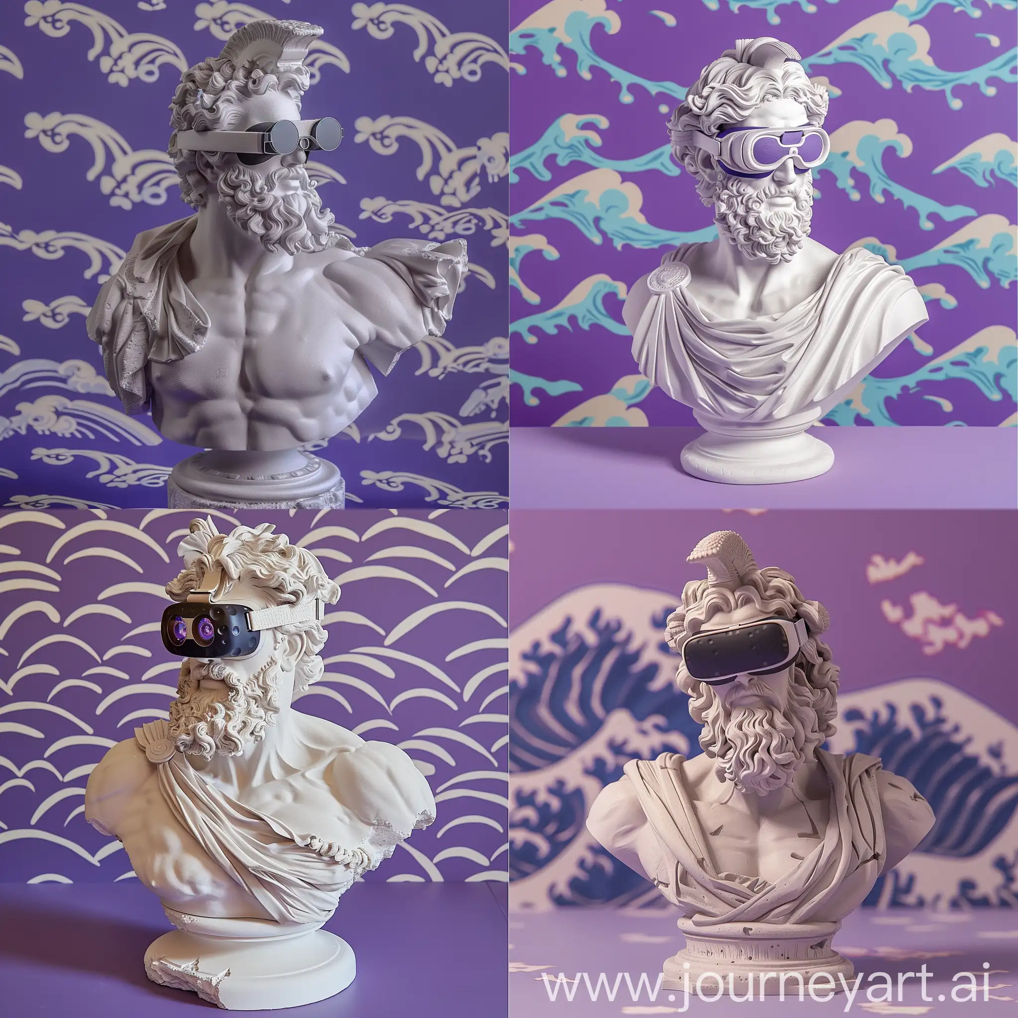 A Plaster Sculpture of Zeus with VR Glasses, Bust Style, Purple Background, Wave Pattern in Background, Cinematic Pose, Medium Shot, High Precision --v 6.0