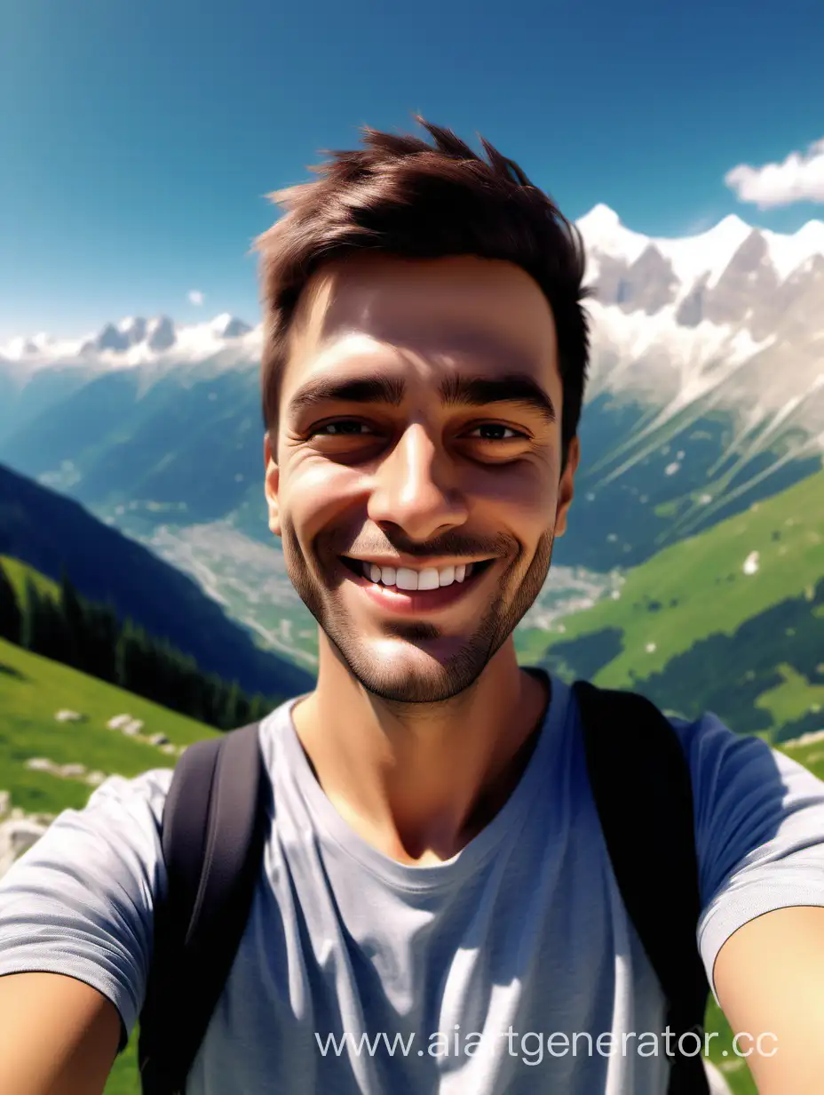 Сгенервируй реалистичное улыбающееся селфи парня на фоне Альпийского пейзажа чтобы смотрелось как будто в живую 