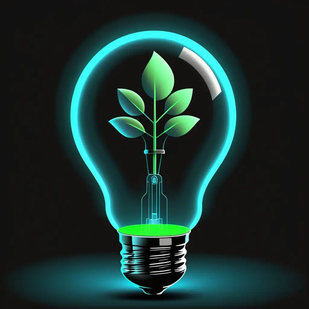 Renewable energy LOGO teal blue, black background, no text, blockchain lightbulb, green inside