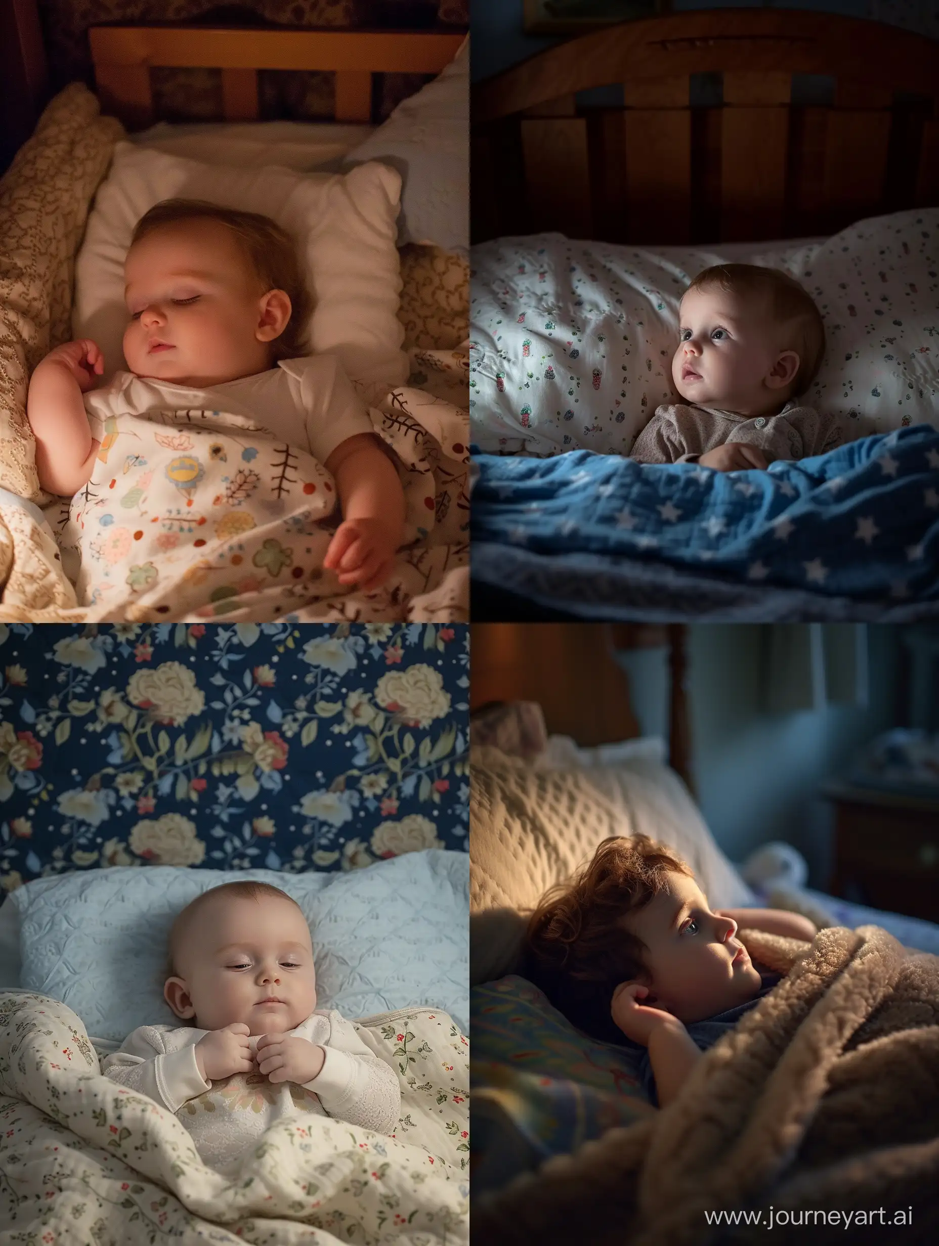 baby in bed in night  realistically detailed, close up, f/1.8 50mm photo amy adams