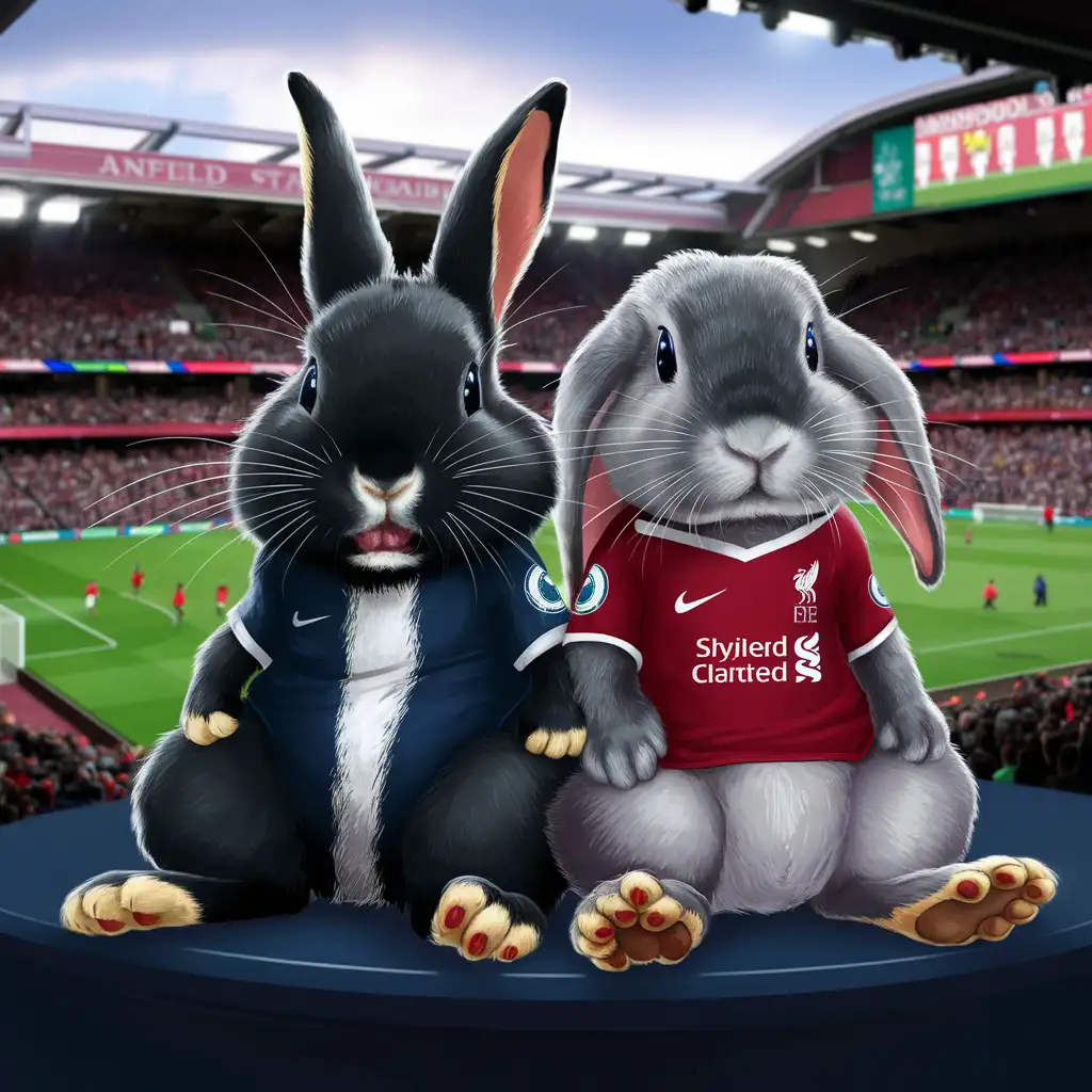 Adorable Black and Gray Rabbits Watching Liverpool Football Club Soccer Game at Anfield Stadium