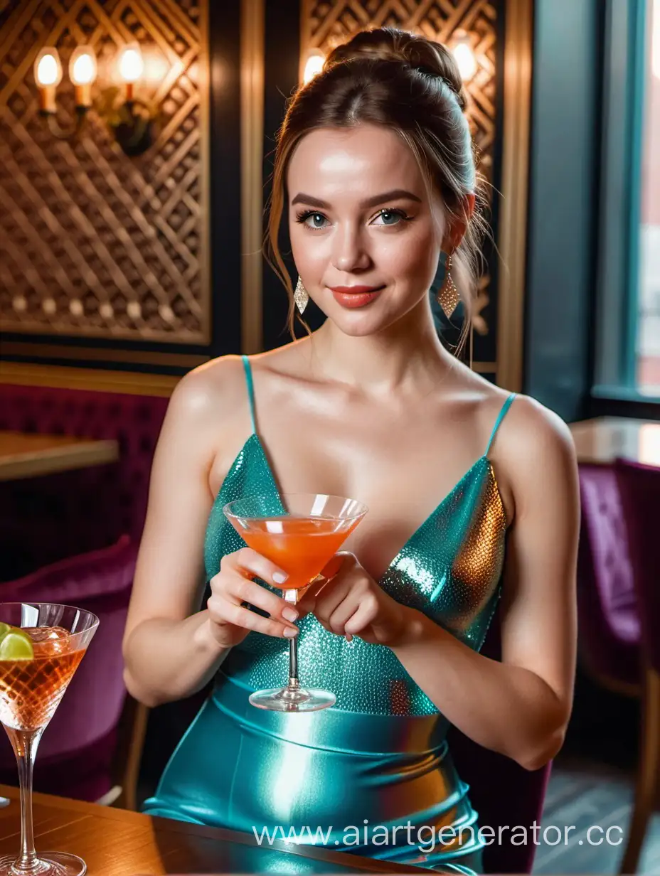 красивая актриса в блестящем коктейльном платье сидит за столиком в роскошном ресторане в стиле этно. она пьет коктейль из красивого бокала