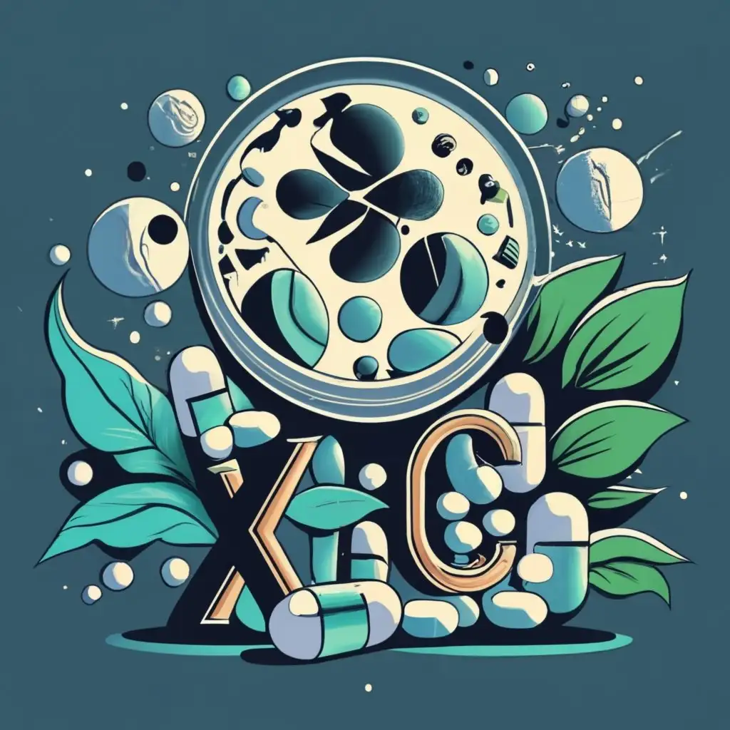 logo, pills, relaxation, broken letters and numbers, space, atmosphere, nature, in the style of comics, in the style of acid Art Nouveau,  a pleasant background in calm and noticeable patterns, only the cold colors of the entire logo are typically blue and black, with the text "x2c", typography, be used in Internet industry