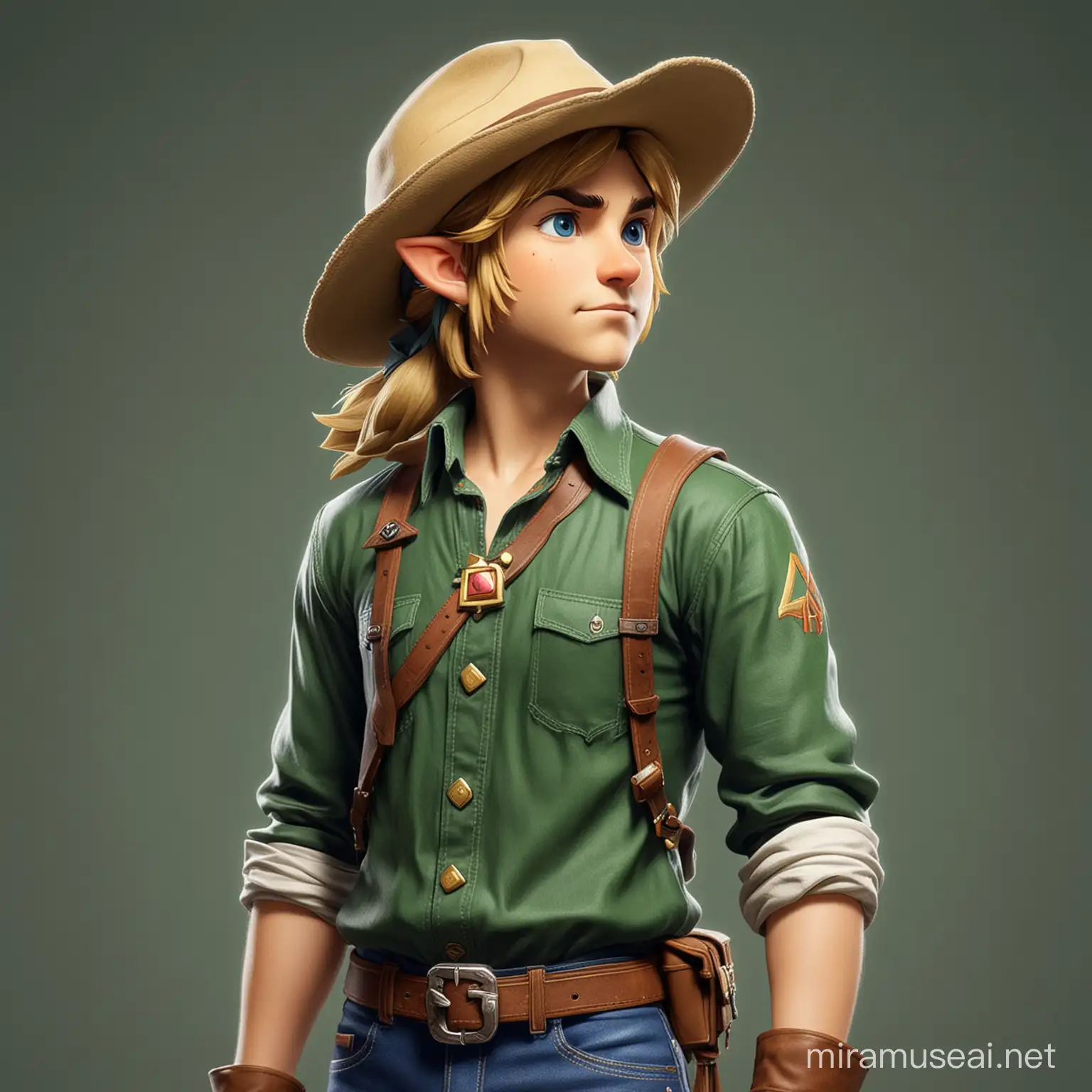 A side profile of Link (The Legend of Zelda) but in the cowboy hat and collard shirt. with full body.