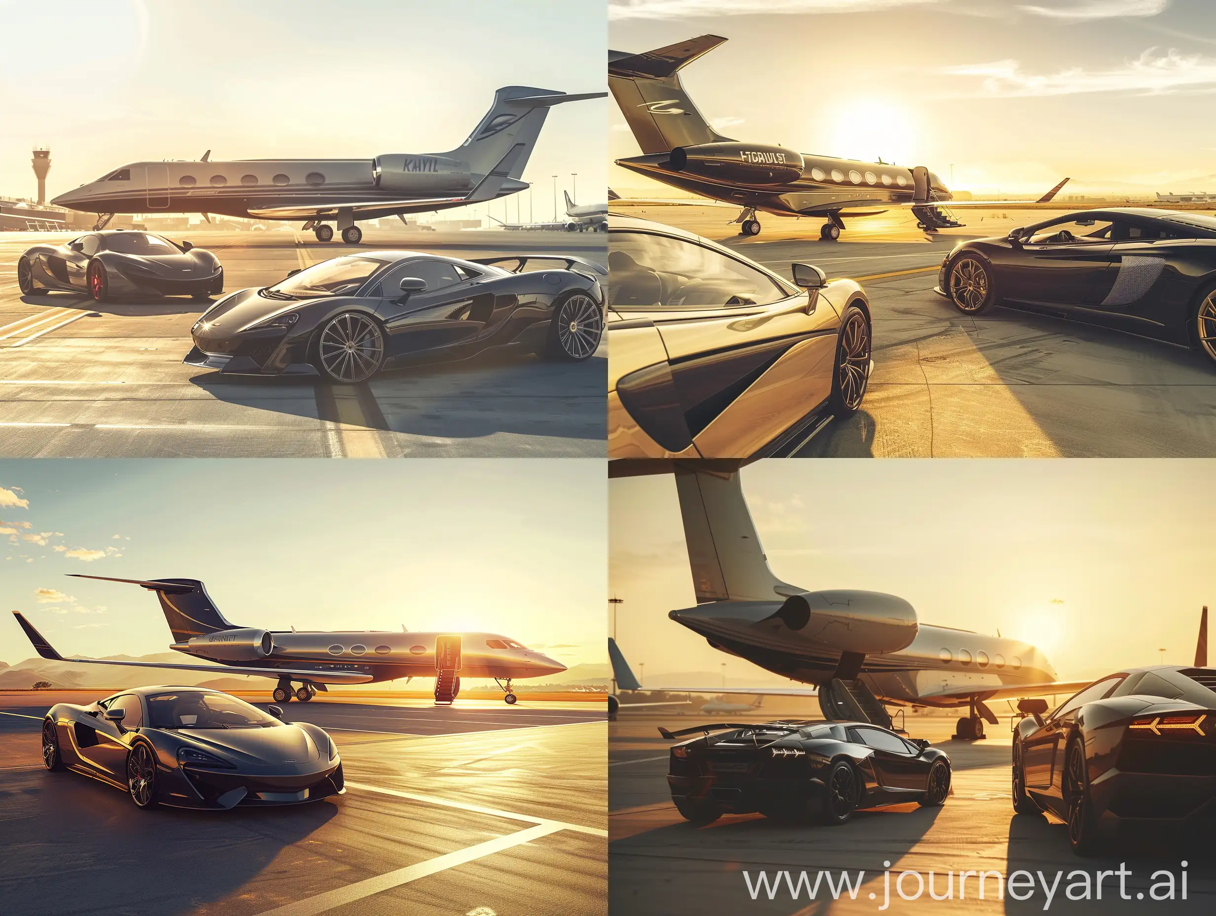 Generate a luxurious image showcasing a sleek supercar and a private jet parked side by side on a sunlit landing strip, epitomizing the epitome of business class service at the airport. Visualize the seamless business class transfer experience as passengers step out of the supercar and board the waiting private jet. This image exudes elegance and sophistication, capturing the essence of elite travel and seamless airport shuttle services.