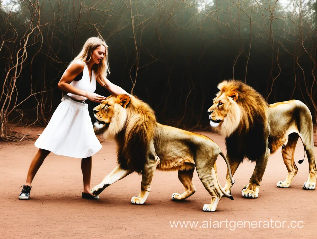 фото одной белой девушки, которая укрощает двух львиц