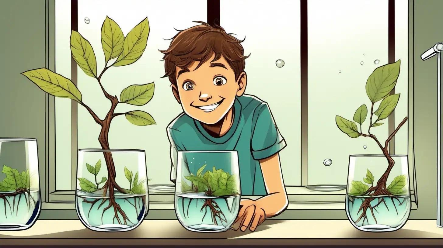illustrate There is 6 tree branch rooted in a glass glass filled with water, and a 10-year-old brown-haired boy is looking at it cheerfully, at home