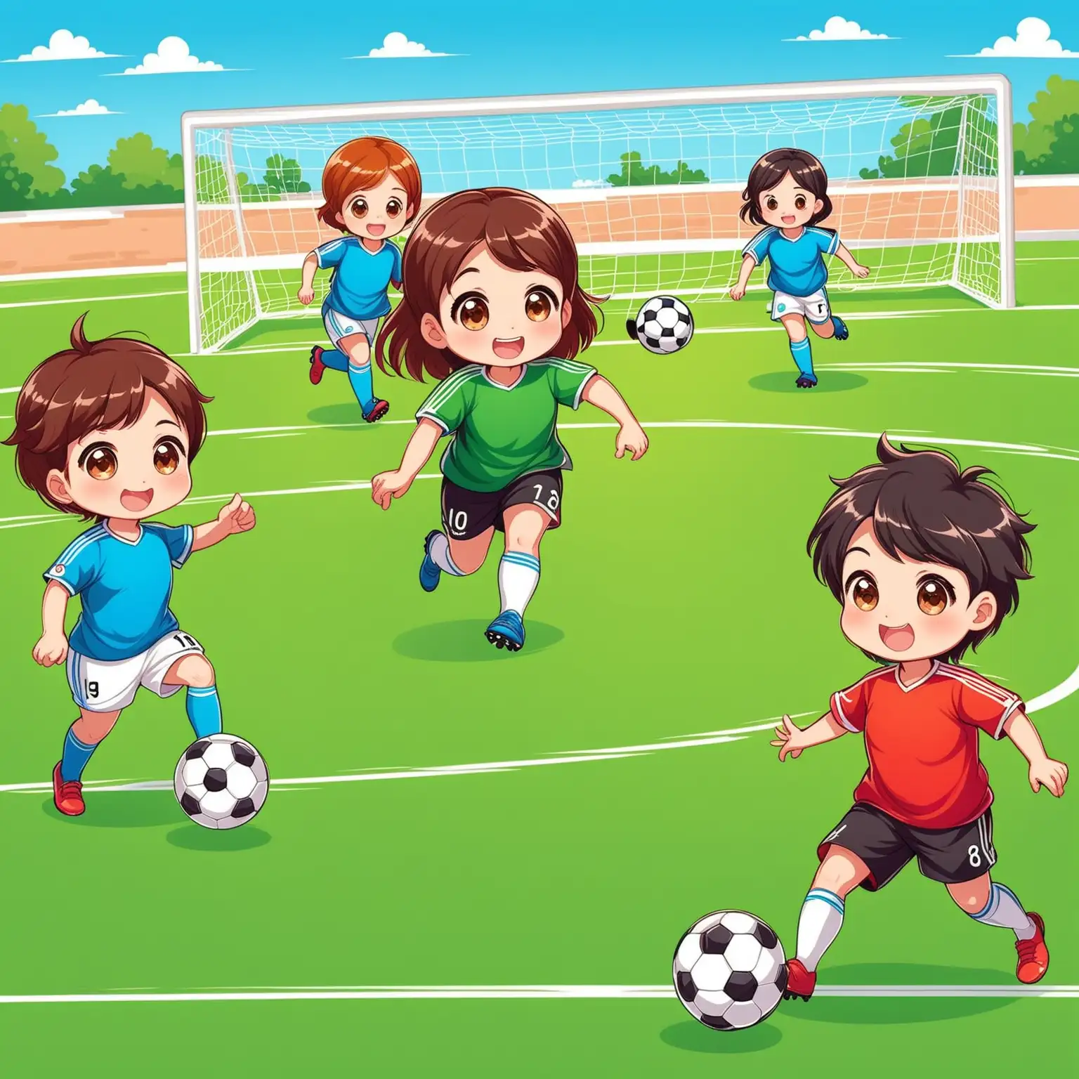 Energetic Cartoon Kids Enjoying Soccer Game