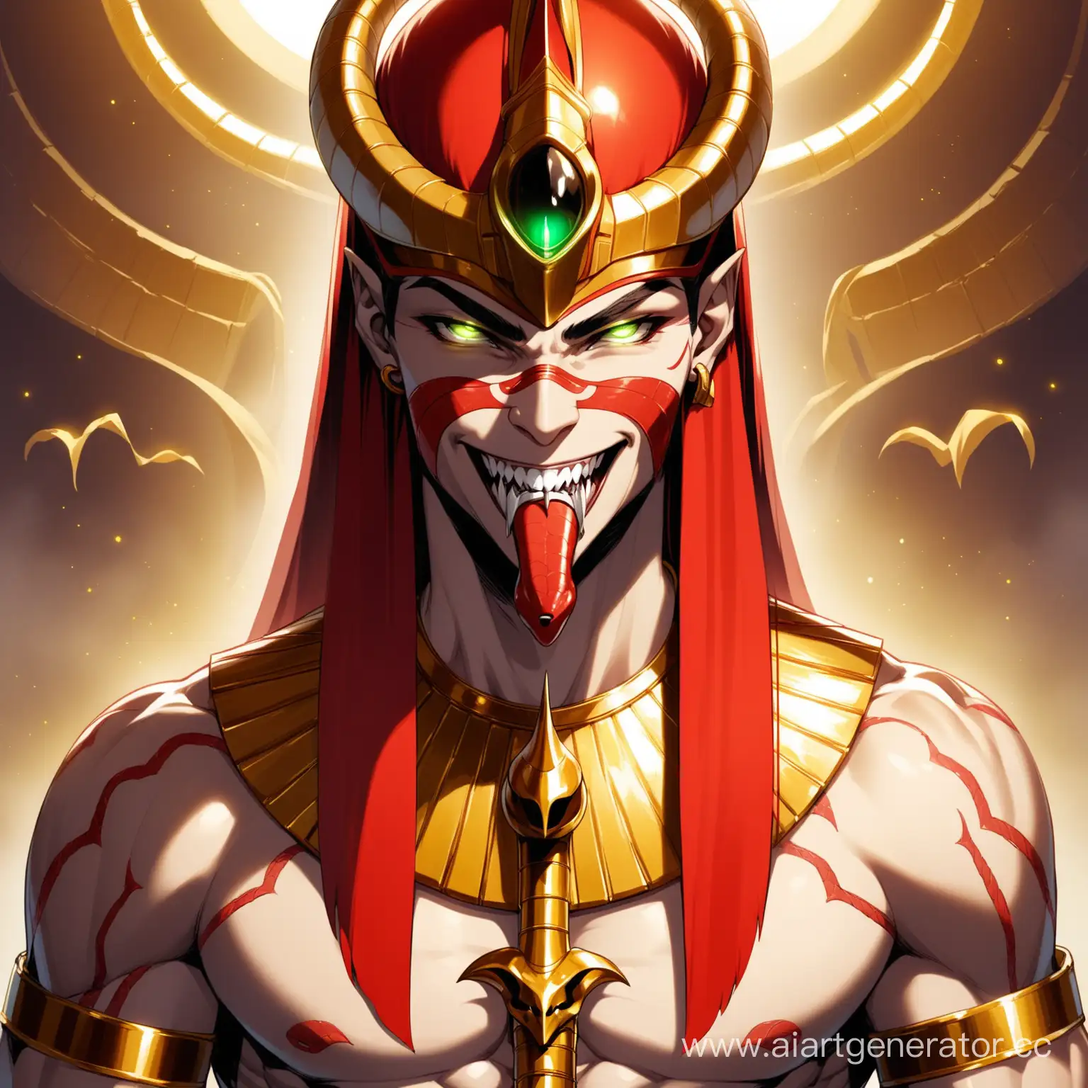 Стройный но не силтно мускулистый 
египетский бог со шлемом в виде красной змеиной головы с клыками наружу , шлем не прикрывает рот , подбородок и щёки , лицо у бога молодое и красивое, фата за шлемом чёрная и с золотыми краями , лица не видно но видно ярко-красные длинные волосы , кожа бледная и есть пара шрамов , на лице свирепая клыкастая улыбка , в руке посох на конце которого змея 