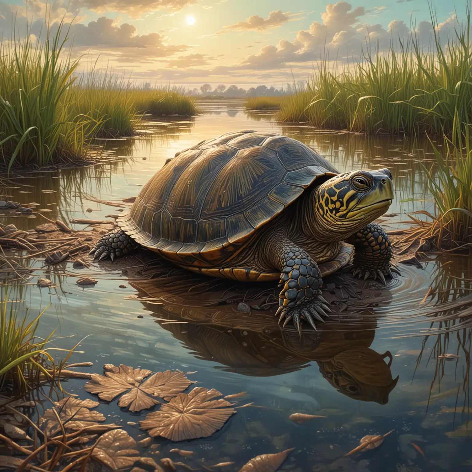 Tranquil Marsh Turtle Swimming in European Wetlands