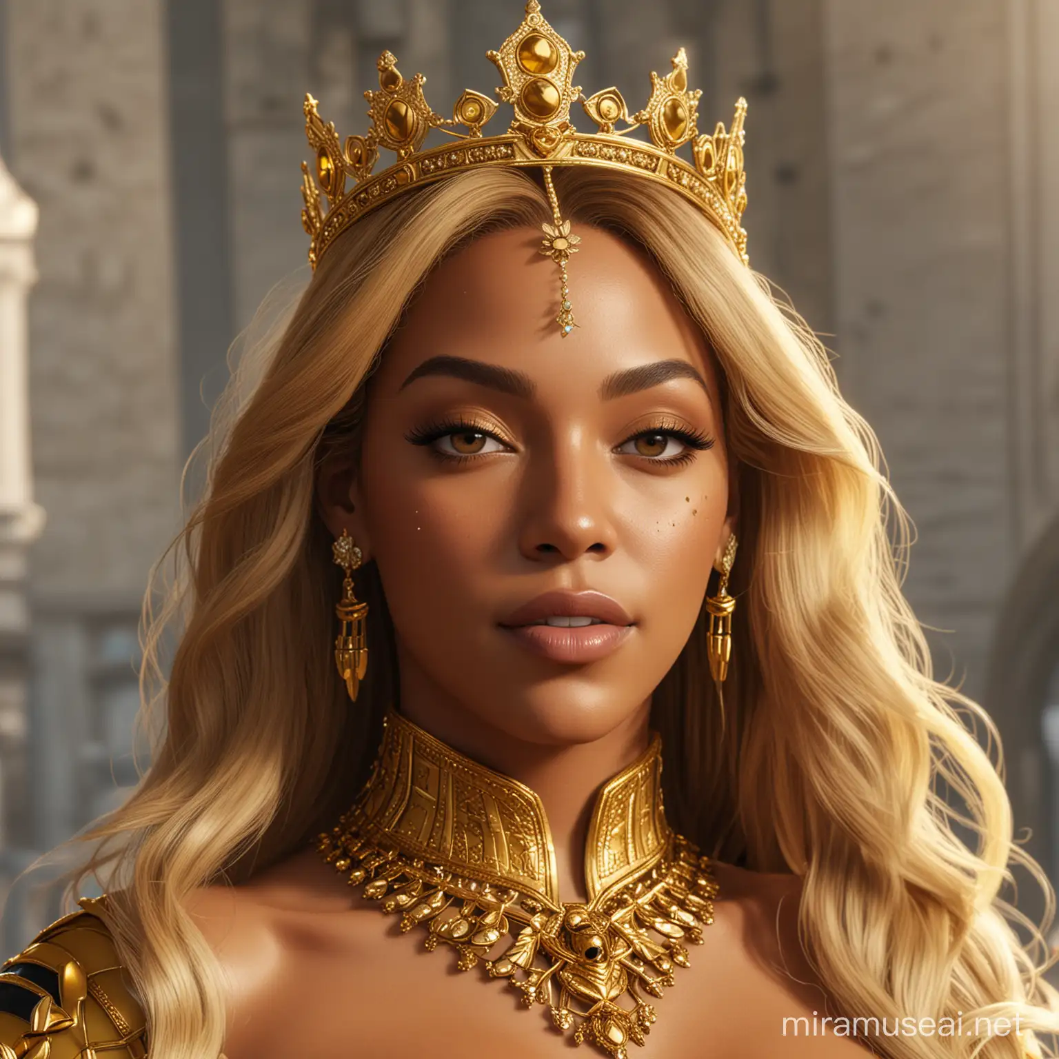 Queen Bee DC Comics, Beyonce as Queen Bee,Comic accurate, 8K, highly detailed, realistic, Beyonce as Queen of Bialya, Young Justice, wearing a golden tiara