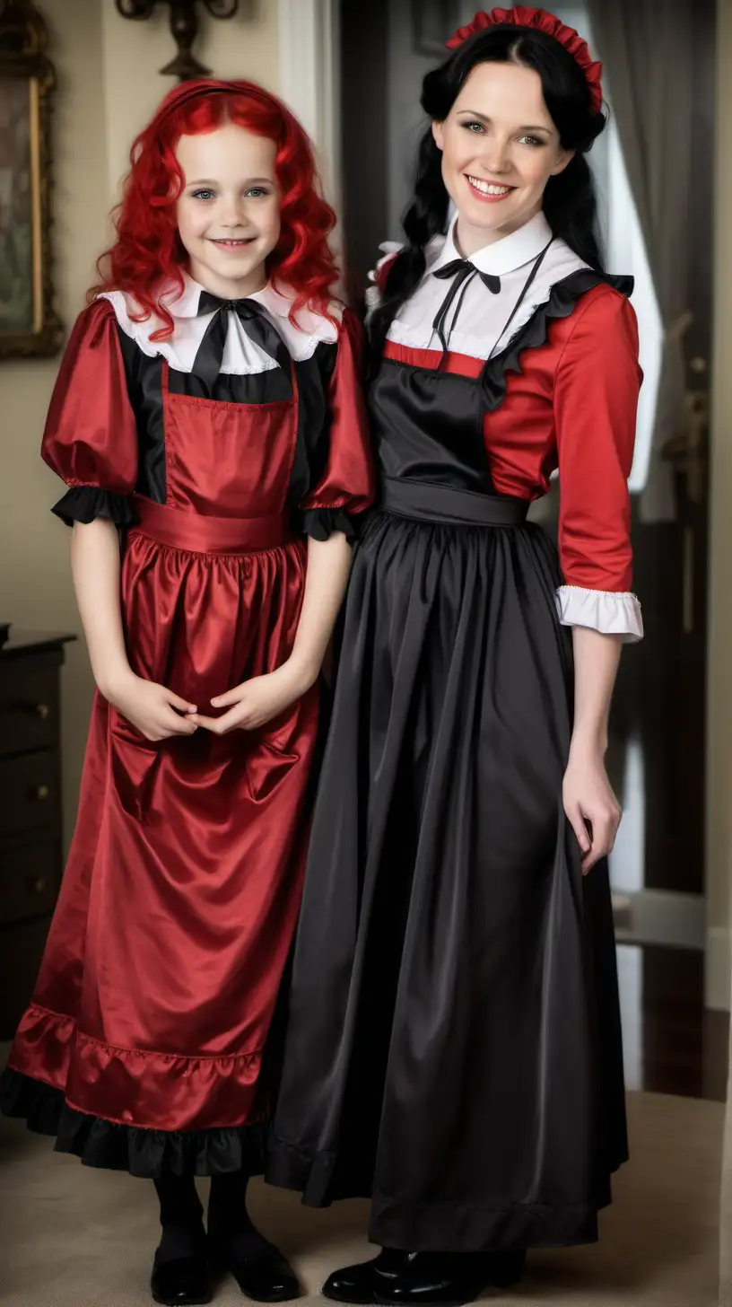 girls in long crystal silk  red black lila retro victorian maid gown with apron and peter pan colar and long and short sleeves costume and milf mothers long blonde and red hair,black hair rachel macadams  smile in house