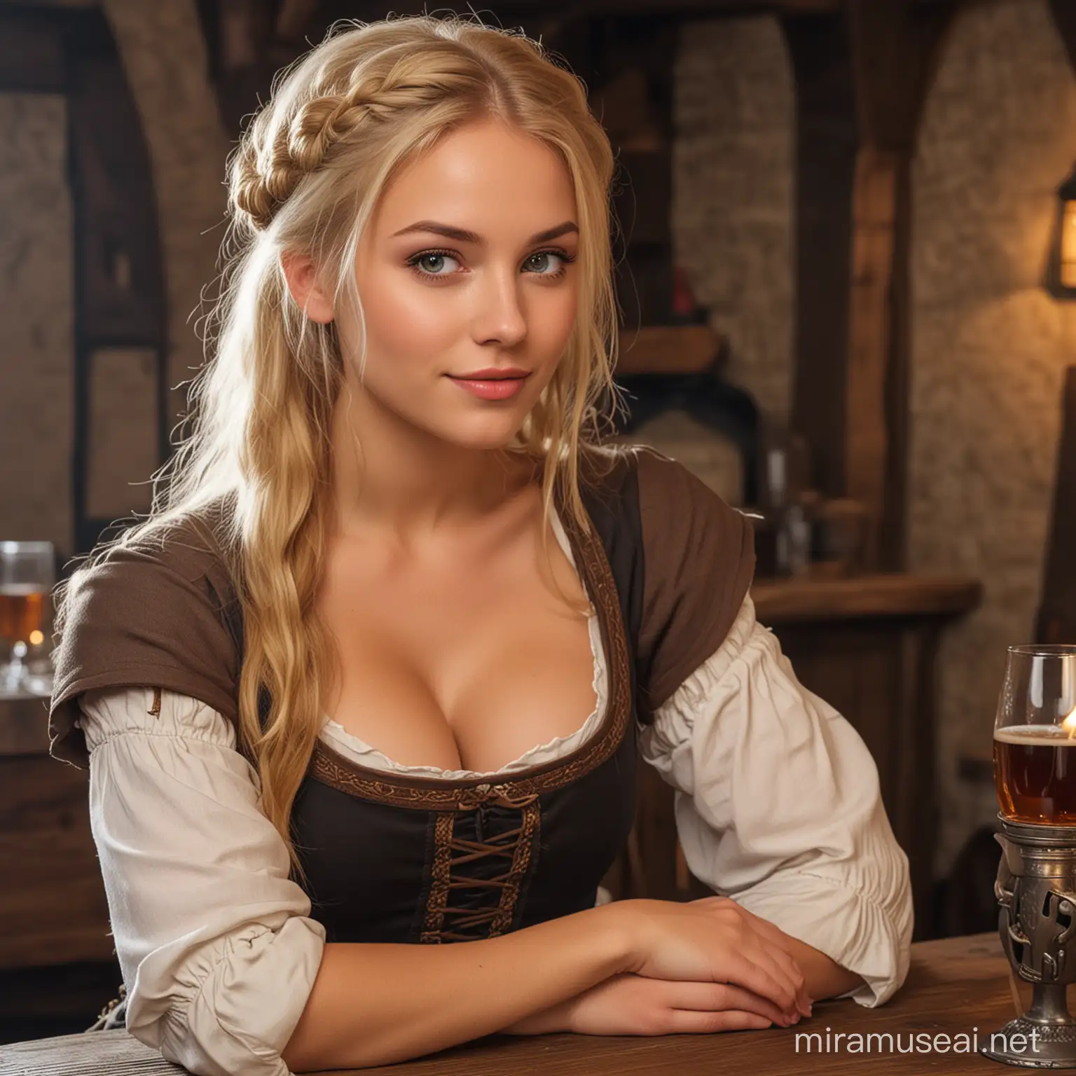 Beautiful blonde medieval tavern girl