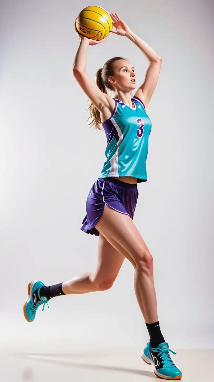 Netball player in action, isolated on a solid white background