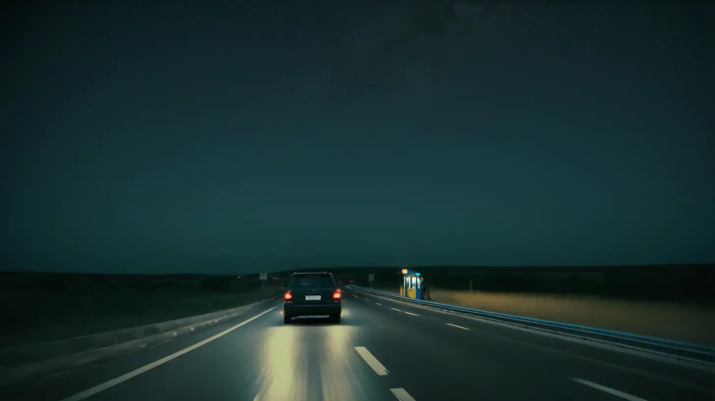 car moving on a highway, in motion 120kmph, and show a gas station at a distance ahead of the car far right, starry night, shot from the behind 