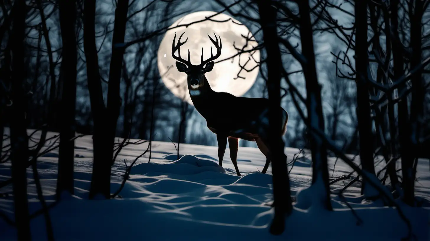 Moonlit Winter Forest Backlit Whitetail Deer Silhouette