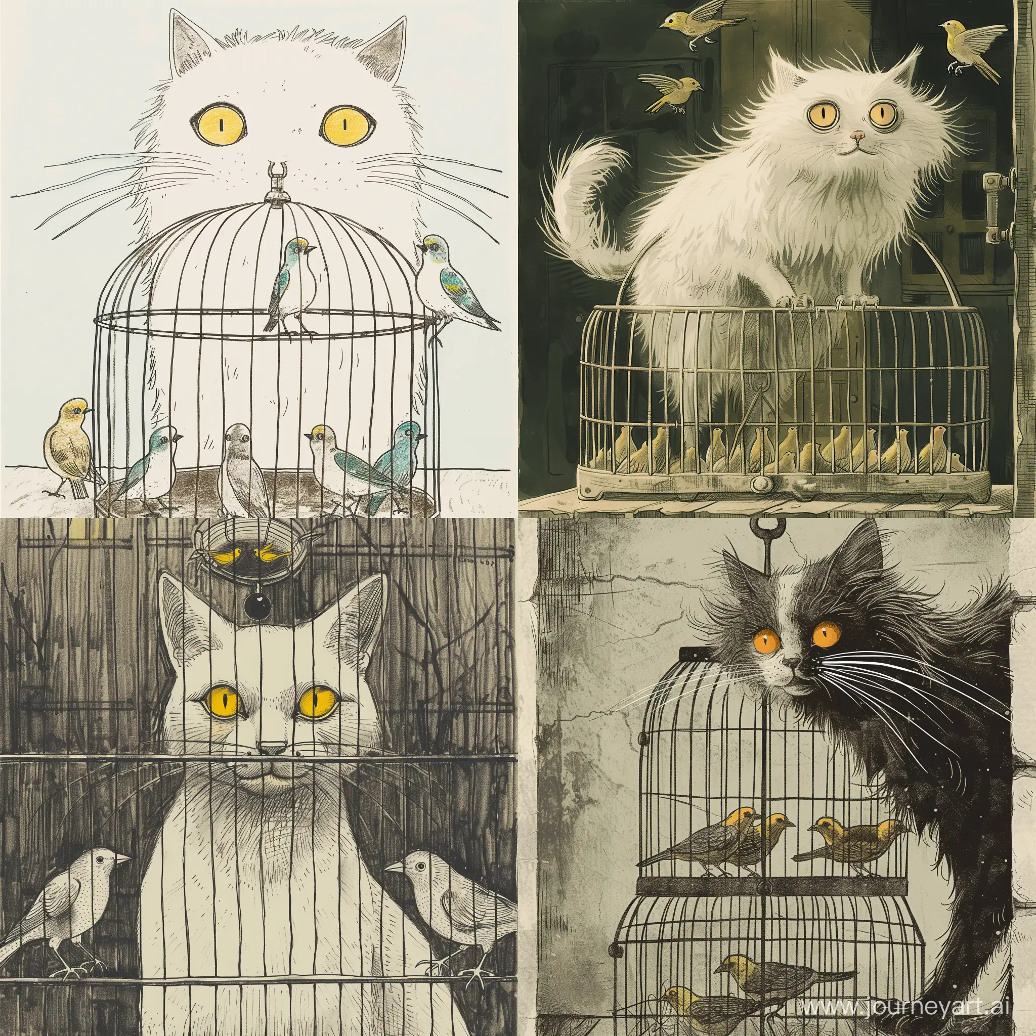 ارسم باسلوب رواية قطة بيضاء، عيونها صفراء اللون، فروها ليس طويل جدا ، تقف فوق قفص فيه طيور كناري 