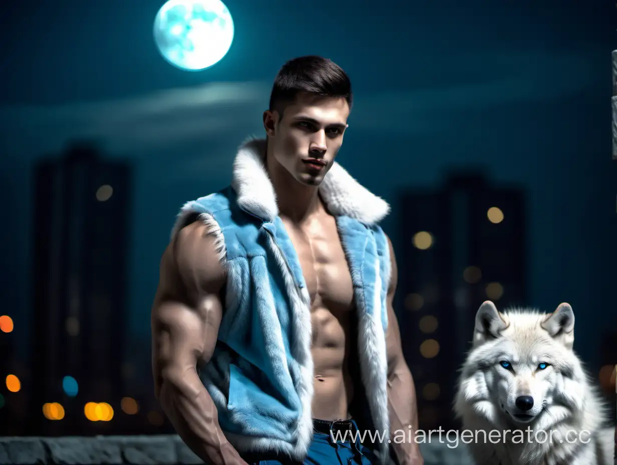 Мускулистый парень в светло синей меховой жилетке. Рядом с парнем стоит  белый волк. Ночной город. Луна. 