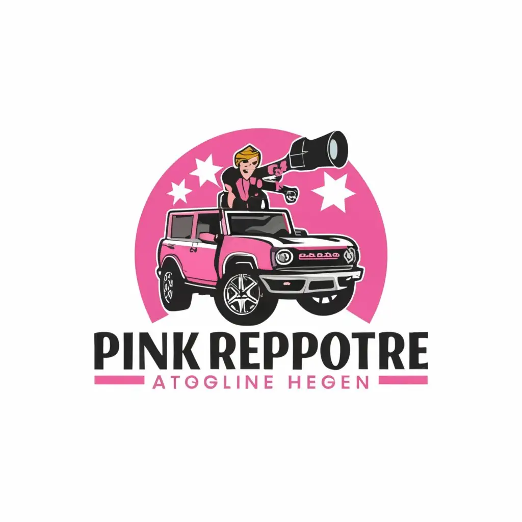 a logo design,with the text "Pink Reporter", main symbol:News lady in a Ford bronco with a camara,complex,be used in Entertainment industry,clear background