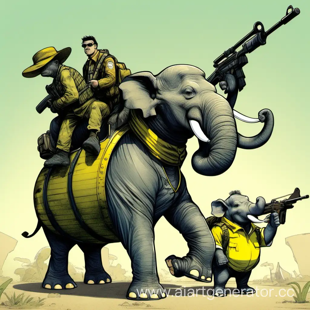 Слон, бегемот, хуманизированые, в куртке из бананов, у одного в руке автомат, у дрого танк