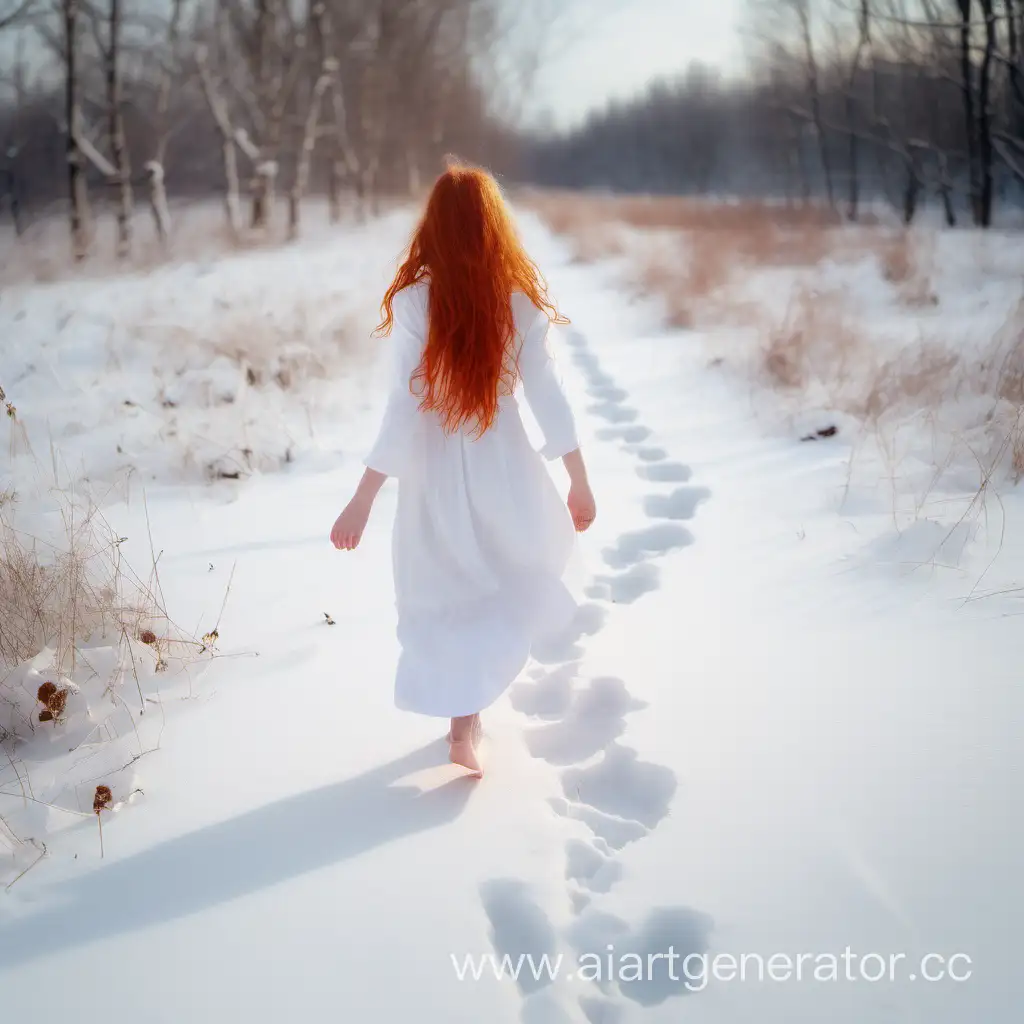 Ярко рыжая девушка в белом платье босая идёт по снегу и оставляет отпечатки стоп на снегу