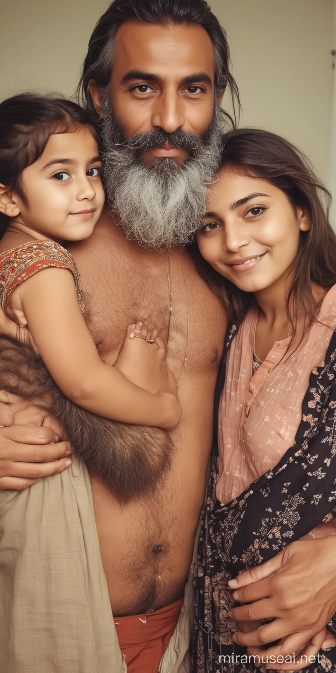 Create a image of polyamorous couple of one older grandfather and one young boy and one young girl, Mature muscular Pakistani man, hot, handsome, beautiful, sexy, full beard, partially grey, shirtless, hairy body, hairy, chest, wearing kameez  kissing young boyfriend and young girlfriend, hot, handsome, sexy, beautiful,