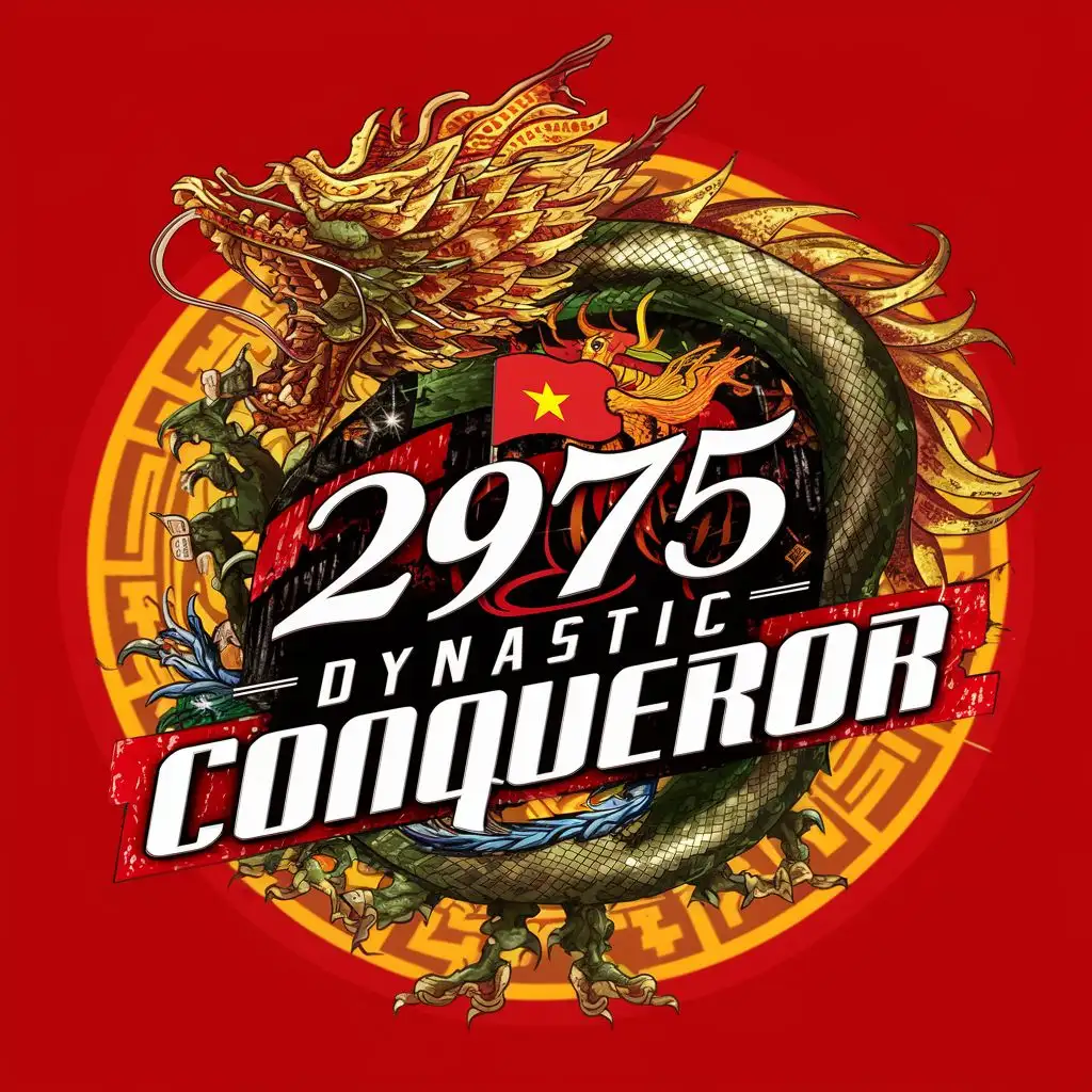 logo, DRAGON and phoenix with Vietnam flag, with the text "2975 DYNASTIC CONQUEROR", typography