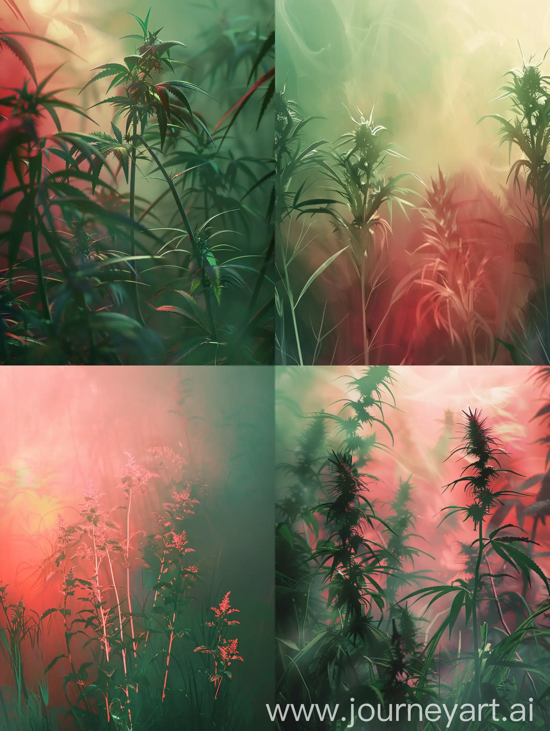 weeds character, fantasi art, with subtle red and green gradients, backlight, pastel colours, sci-fi, realistic.