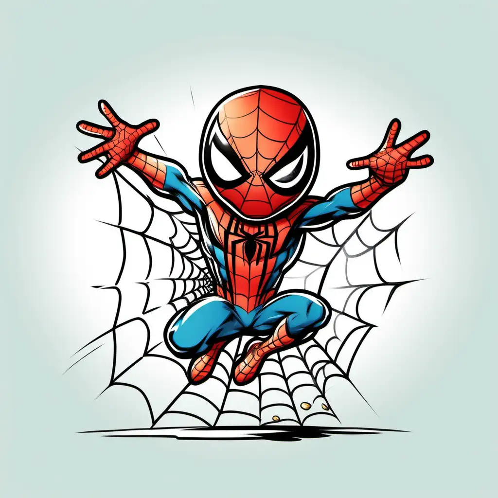 spiderman chibi style drawn line illustration, full body, jumping and shooting a web to catch an easter egg, isolated on a white background