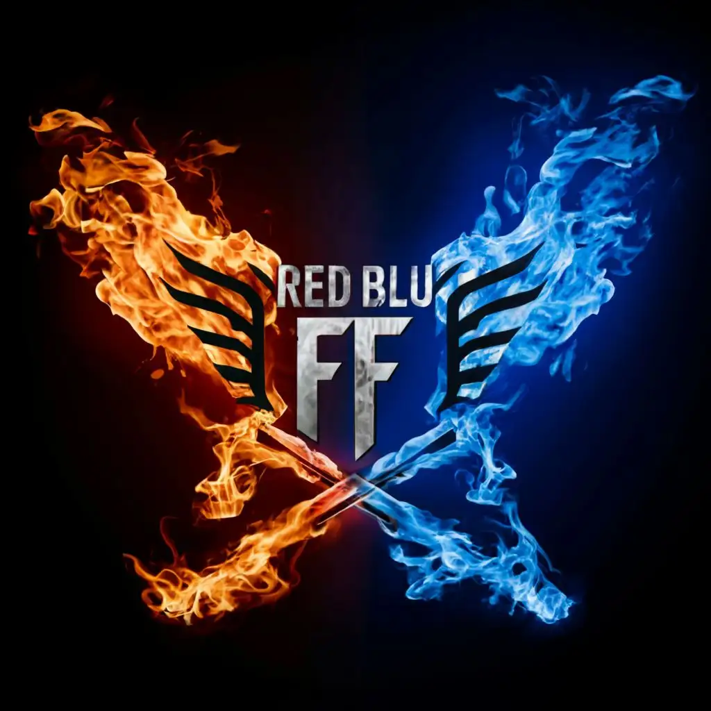 logo, flames and maxim from free fire, with the text "RED AND BLUE FF", typography