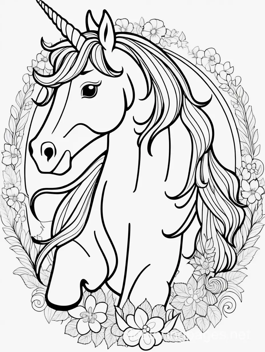 unicorn, Coloring Page, black and white, line art, white background, Simplicity, Ample White Space. The background of the coloring page is plain white to make it easy for young children to color within the lines. The outlines of all the subjects are easy to distinguish, making it simple for kids to color without too much difficulty