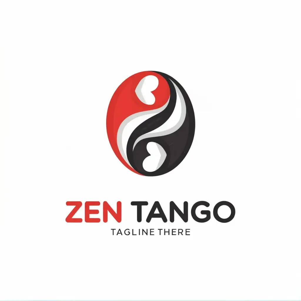 logo, Man and woman in an embrace like yin and yang symbol creating synergy where the center is like arms embracing. With silhouette style using color scheme red and black. Simplicity. Zen theme., with the text "zen tango", typography, be used in Religious industry. Fill in the white heart spot on top in black and fill in the white heart spot on the bottom in red.