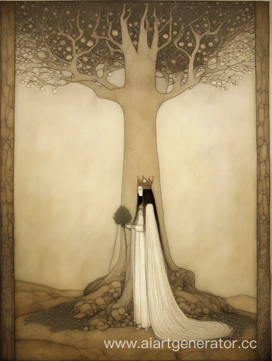 painting in the style of swedish painter John Bauer showing a princess and a tree