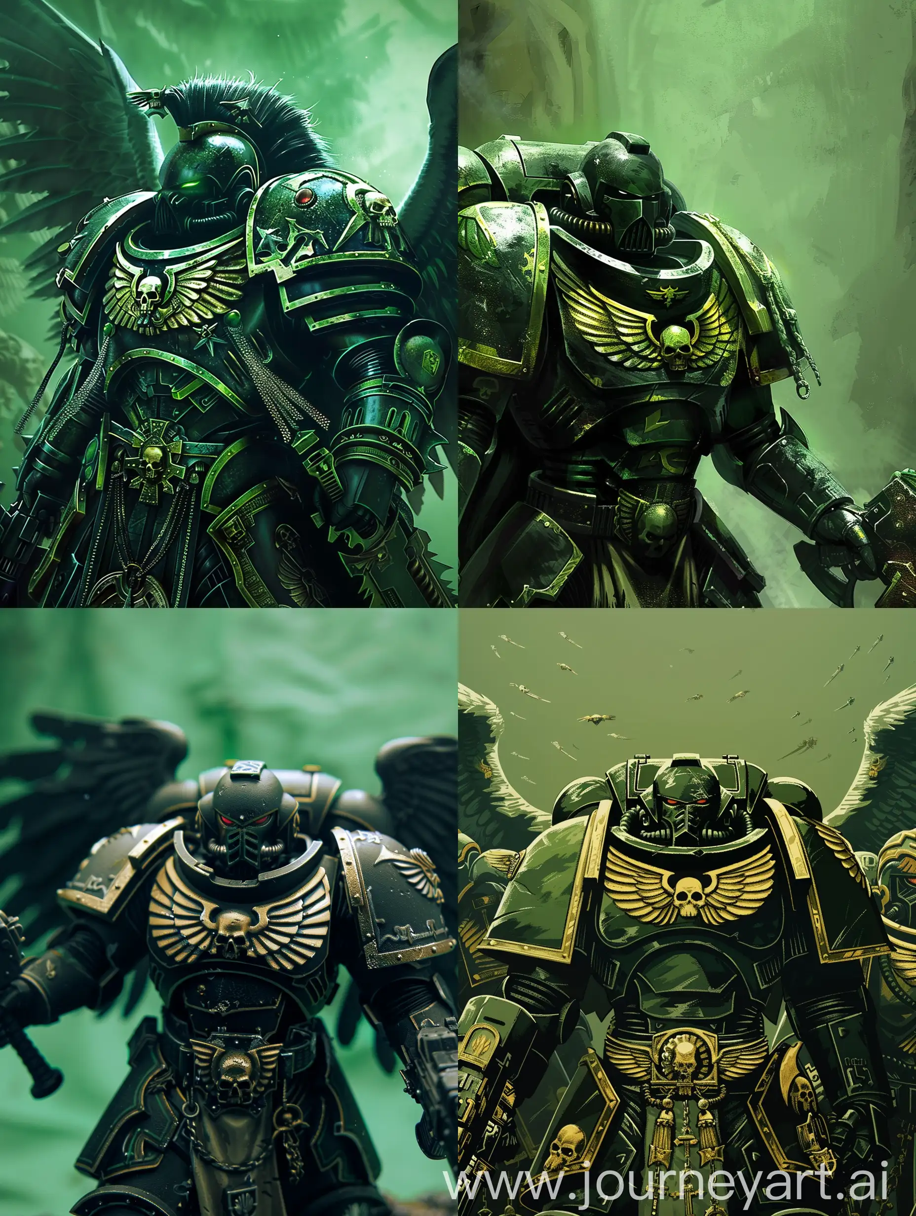 The Dark Angels from the Warhammer 40k universe. The background is green. 
