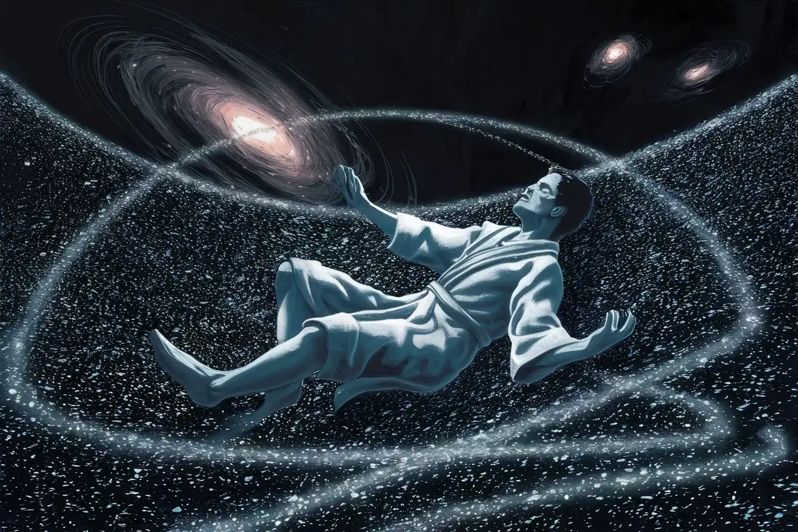 man floating in a sea of stars represents the connection between the individual and the universe