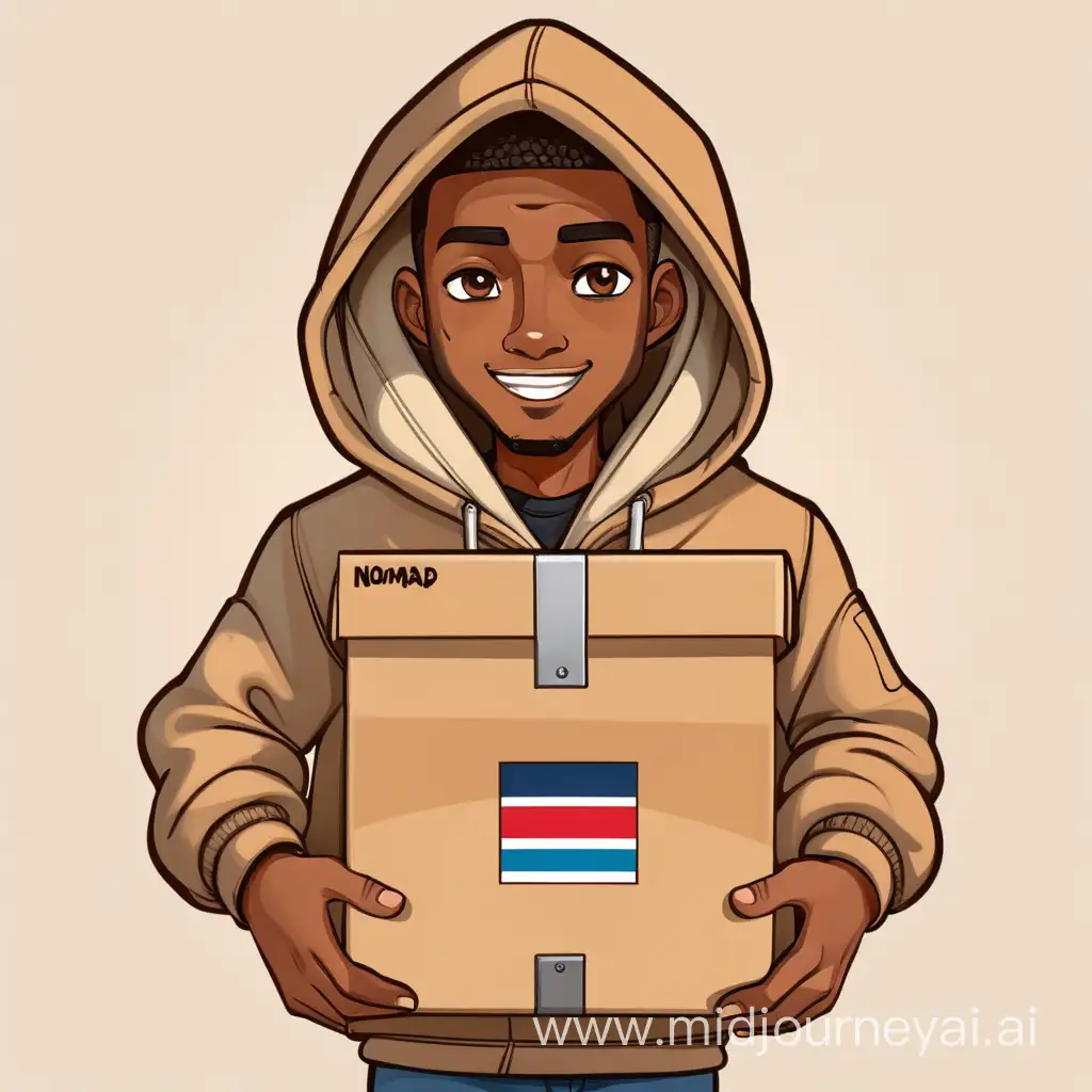 nomad with a hoodie and a open box full of items that represent different countries  on his hands , full body cartoon , brown skin,