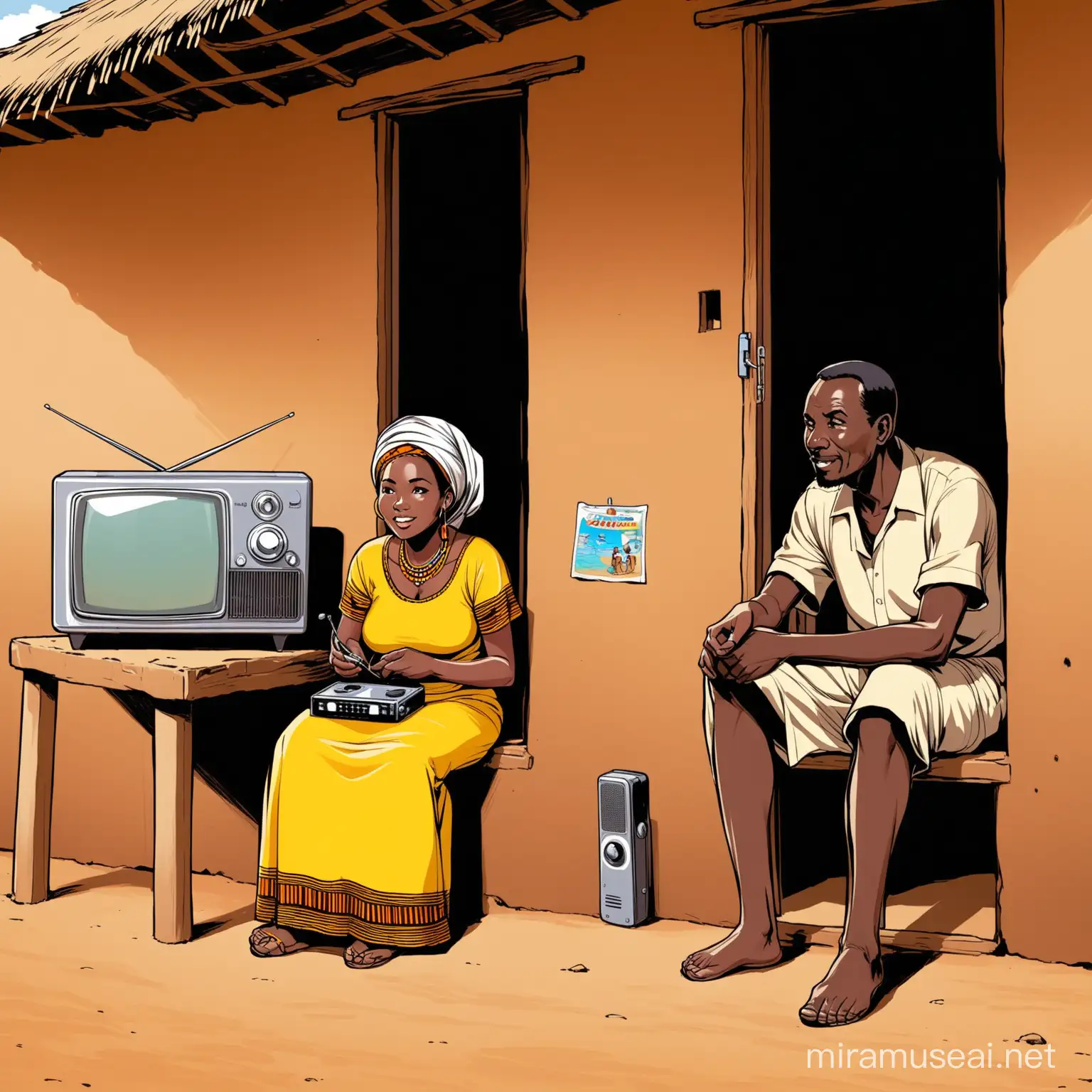 Woman and man sitting  inside their house in an African village, listening to a radio cartoon.