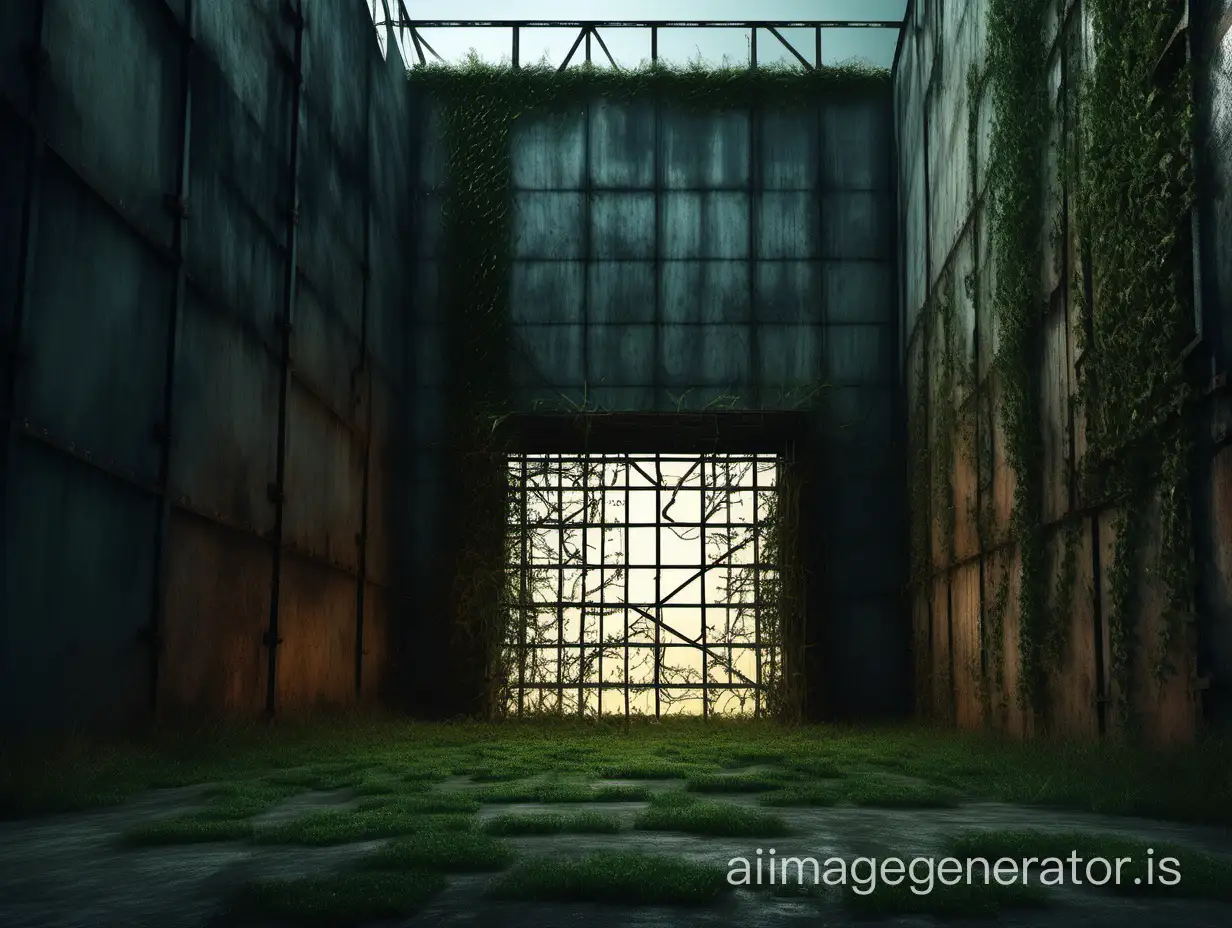 Dystopian setting of a grass field at nighttime trapped inside of vast, rusty steel wall. The wall has small ivy hanging from the top. The picture must in lower angle view to show pressure. In Maze Runner